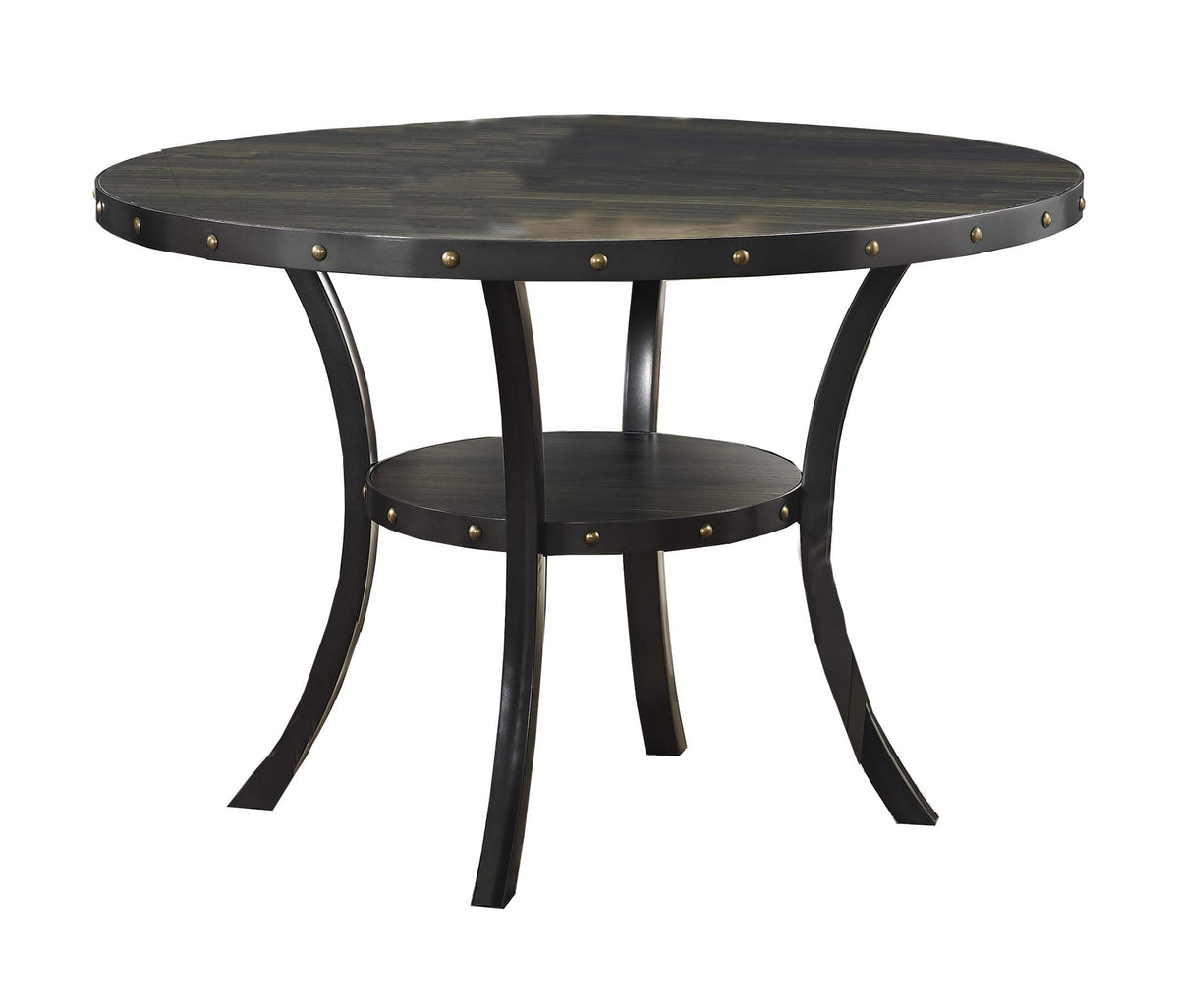 Benjara Wooden Round Dining Table With Open Shelf And Nailhead Trims, Black