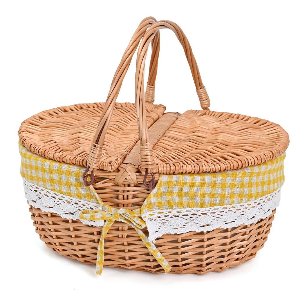 Large 15.4 Wicker Picnic Basket with Removable Liner Empty Picnic Baskets with Lid, Picnic Hamper with Foldable Handles for Picn