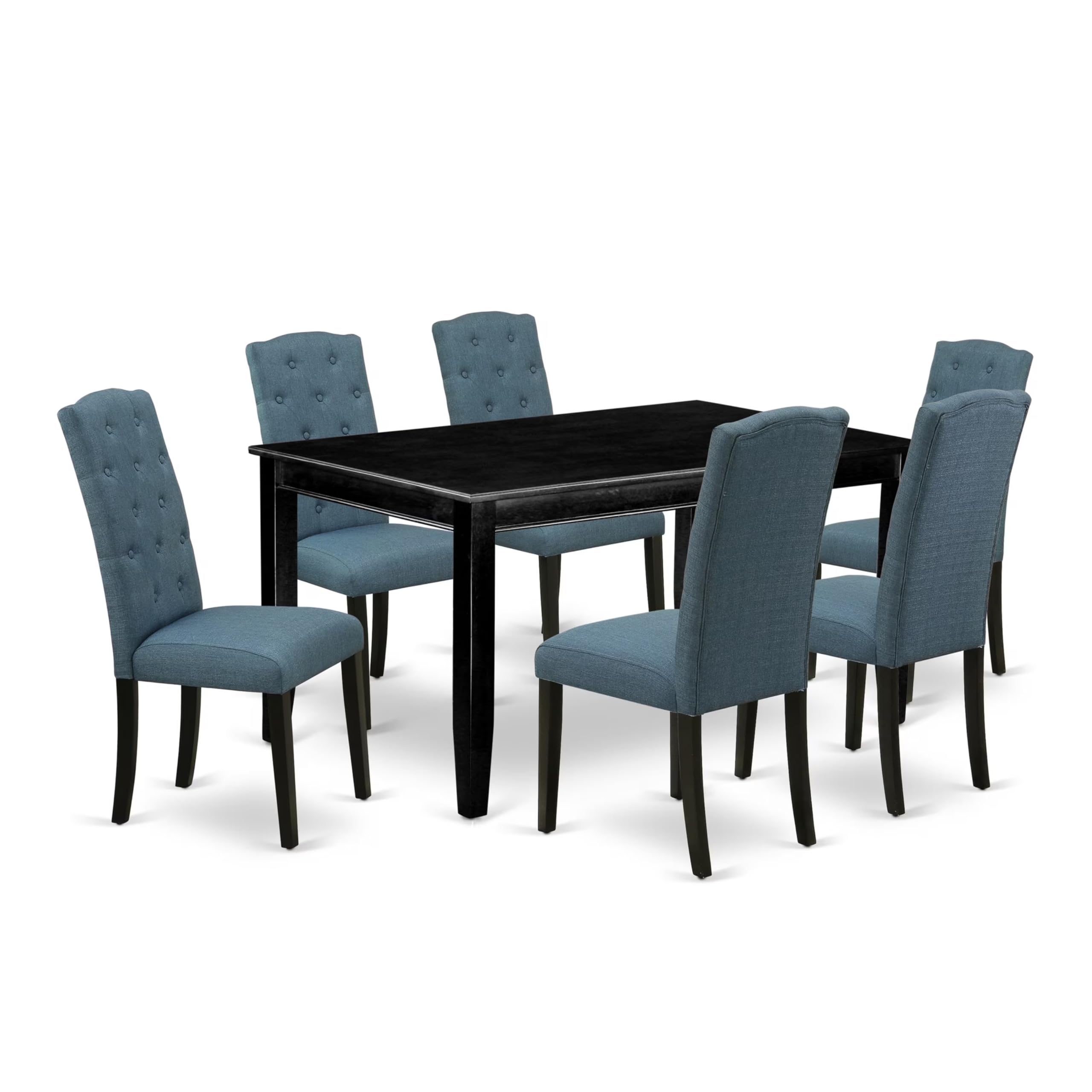 East West Furniture Duce7-Blk-21 7 Piece Dining Table Set Consist Of A Rectangle Kitchen Table And 6 Mineral Blue Linen Fabric Parson Dining Chairs, 36X60 Inch, Black