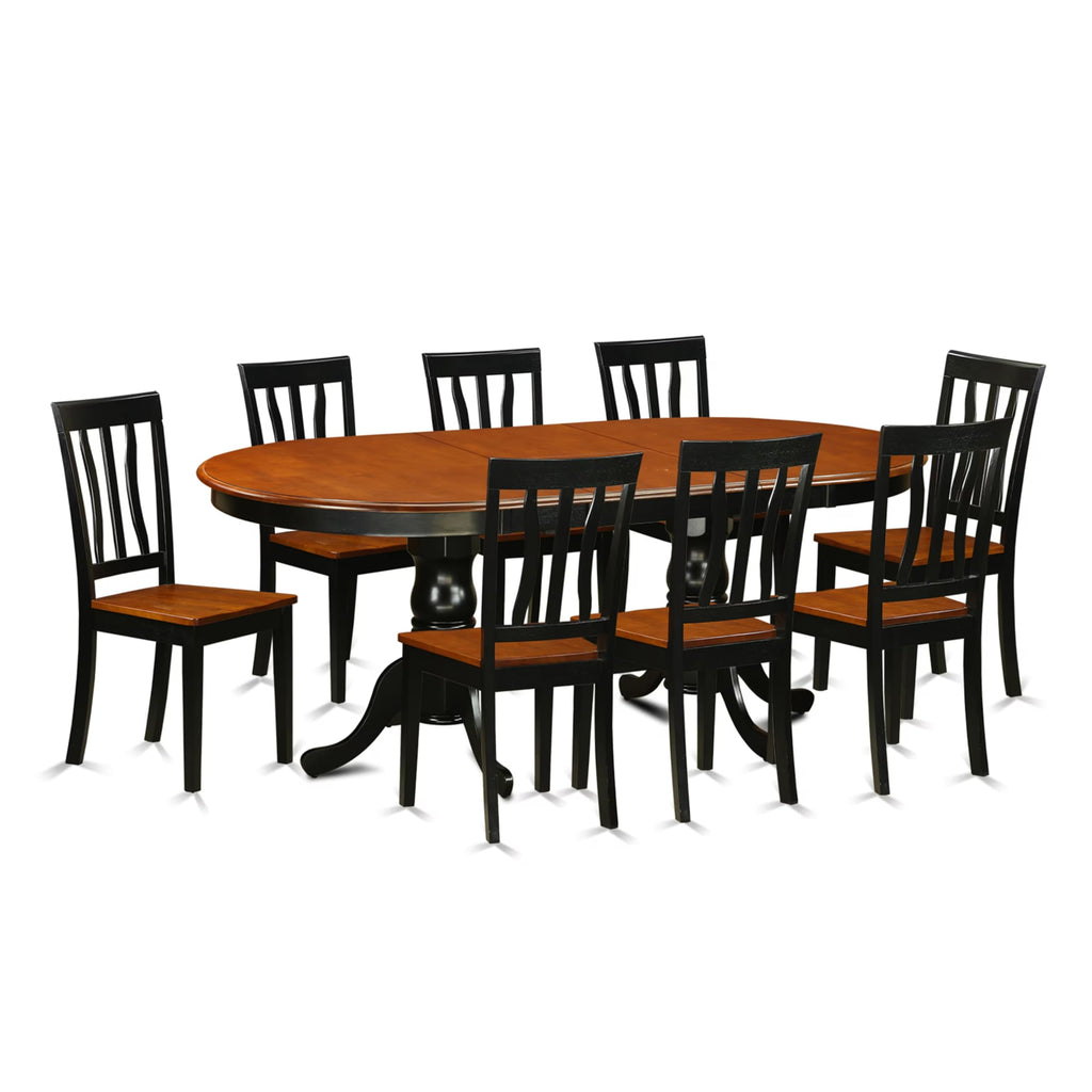 East West Furniture PLAN9-BCH-W 9 Piece Dining Table Set Includes an Oval Dining Room Table with Butterfly Leaf and 8 Wood Seat Chairs, 42x78 Inch, Black & Cherry