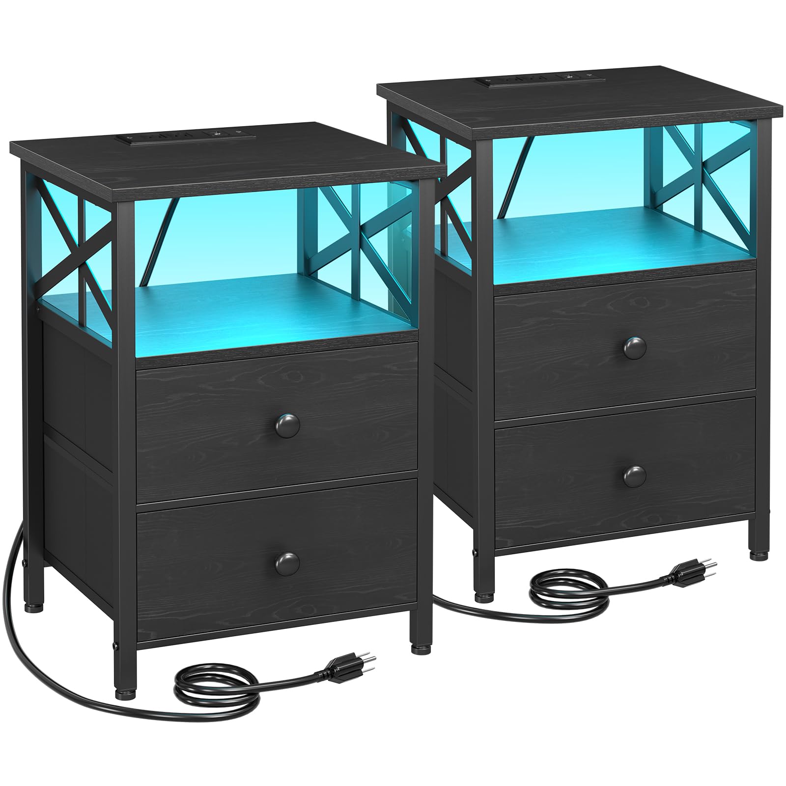 AMHANCIBLE Night Stand Set 2, LED Nightstand with Charging Station, End Tables Living Room with Fabric Drawers, Bedside Table fo