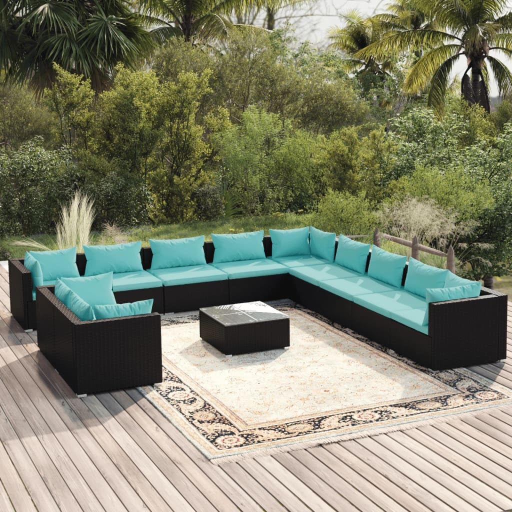 vidaXL 12-Piece Patio Lounge Set - Outdoor Modular Seating with Table, Comfortable Cushions, Water-Resistant Fabric, Black Poly Rattan