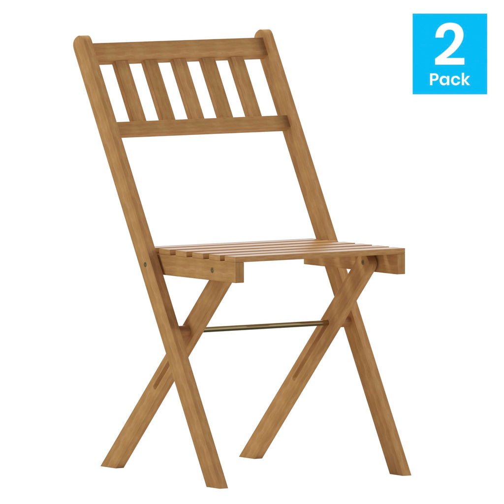 Flash Furniture Martindale Indoor/Outdoor Folding Acacia Wood Bistro Chairs - Natural Finish - X Base Frame - Slatted Back and Seat - For Porch, Patio, or Sunroom
