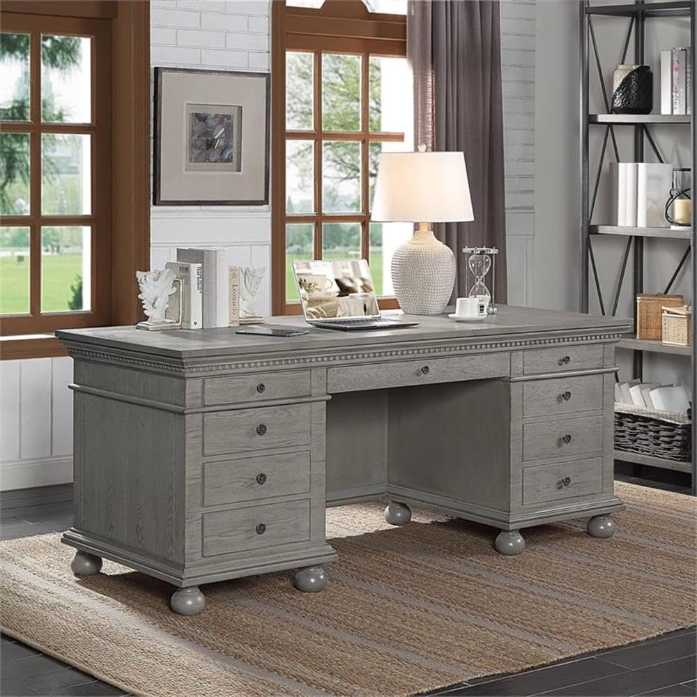 Acme Gustave Wooden Executive Writing Desk with 9 Drawers in Gray Oak