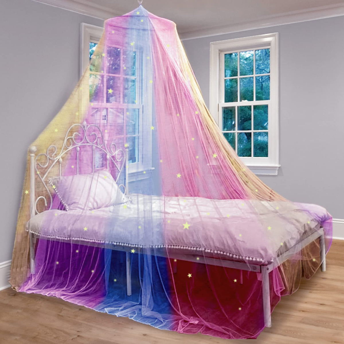 Bollepo Bed Canopy For Girls With Glowing Stars - Princess Canopy Bed Rainbow Baby Canopy For Bed, Netting Room Decor, Ceiling T
