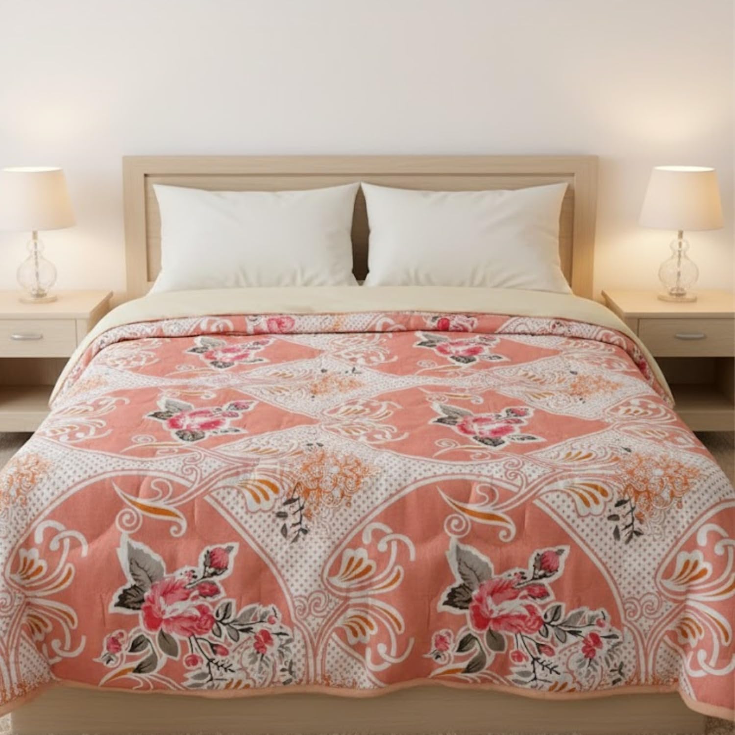Floral Printed Cotton Quilted Comforter | Soft MultiLayered Razai With AllOver Stitching | Lightweight And Cozy Bedding For Ho