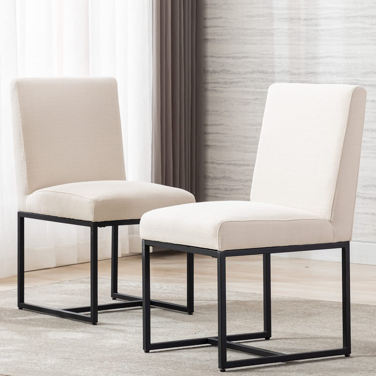 Hny Kitchen & Dining Room Chairs Set Of 2, Linen Fabric Mid Century Modern Dining Chairs, Upholstered Dining Chairs With Black F