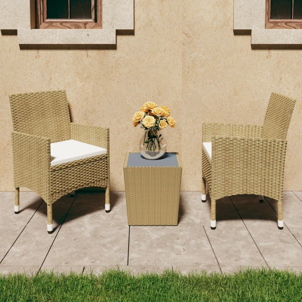 vidaXL Bistro Set 3 Piece - Poly Rattan and Tempered Glass - Beige Patio Chair with Cream White Cushions - Outdoor Furniture for Balcony, Deck, Backyard, Porch