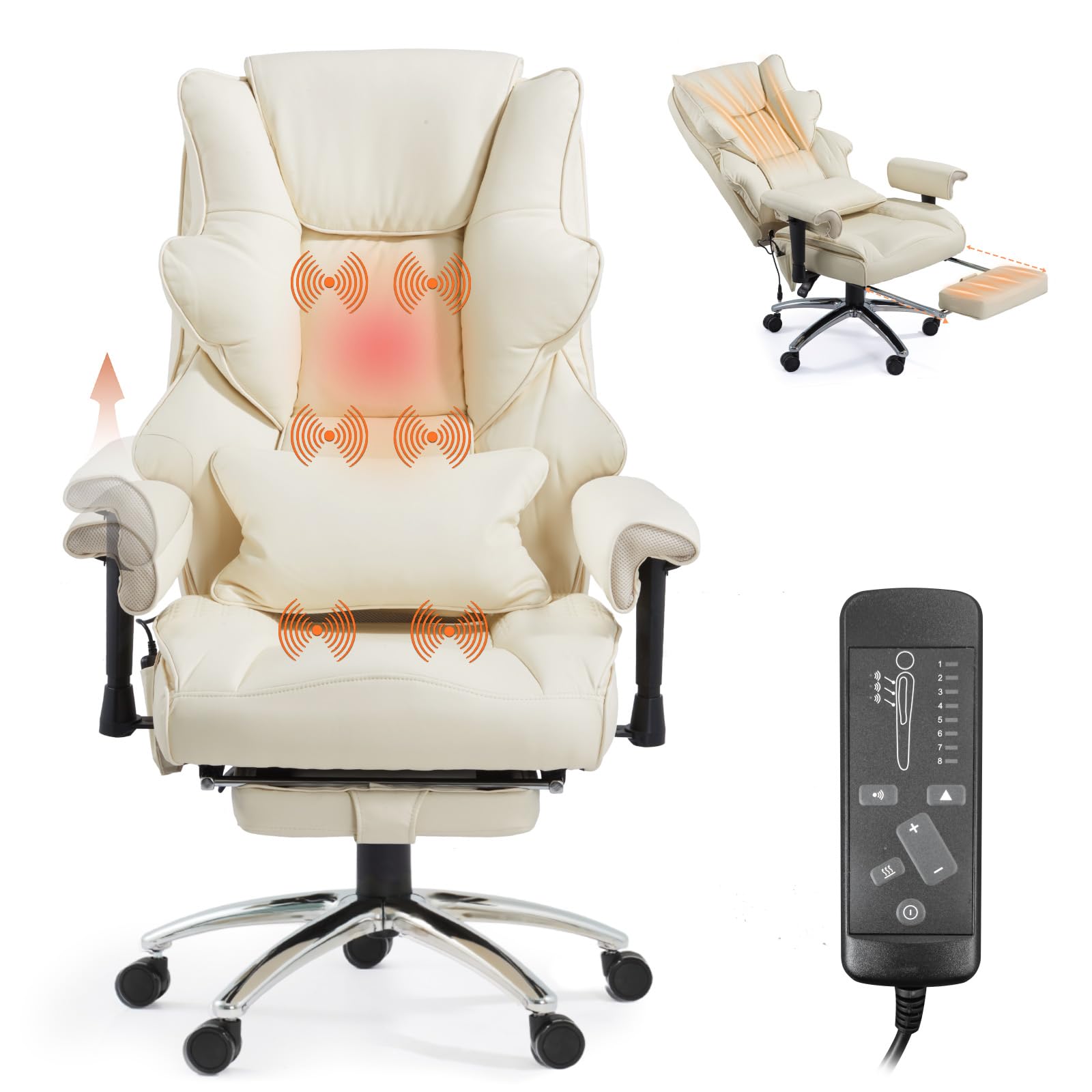 Mvpipi Massage Office Chair with Foot Rest, Ergonomic Executive Heated Office Chair with Reclining Backrest, Adjustable Arms and
