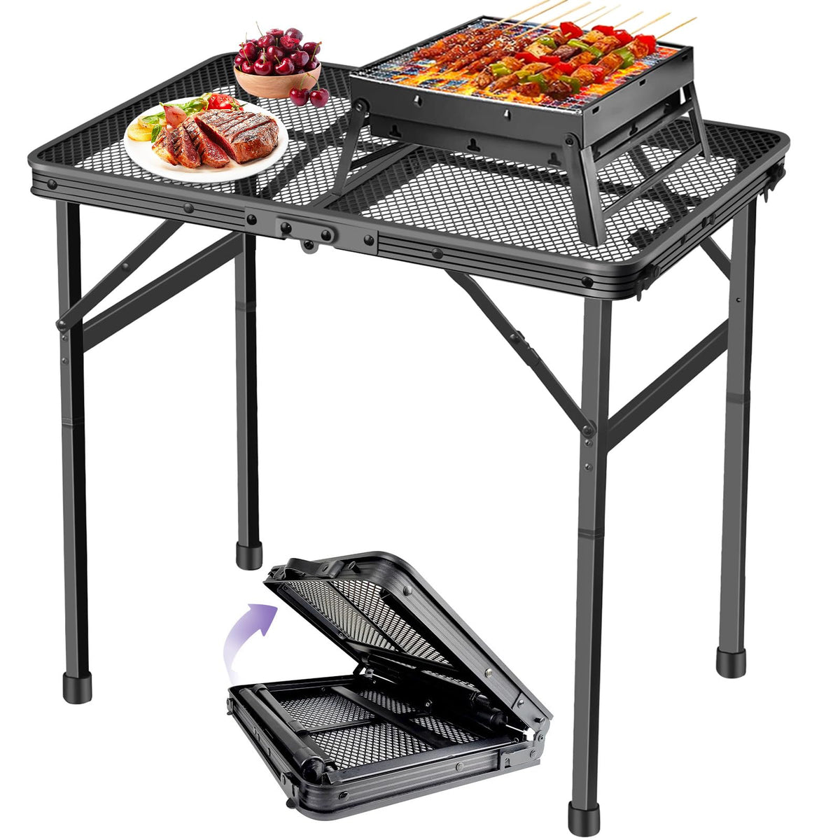 Brian & Dany Camping Table Folding Grill Table, Small Foldable Table Height Adjustable, Portable Metal Picnic Table For Outdoor, Black, 2X1.3Ft