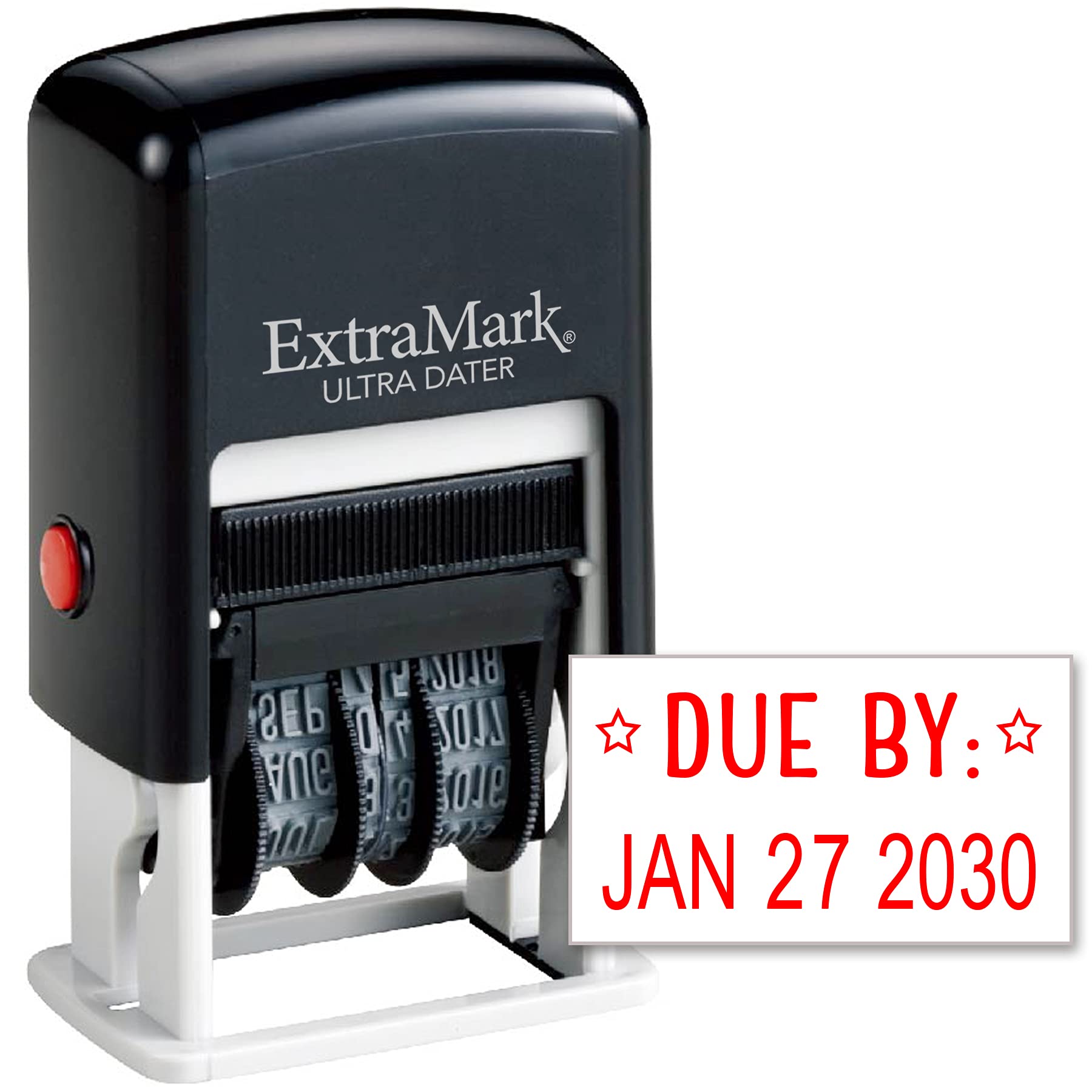 Extramark Ultra Dater Self-Inking Rubber Date Office Stamp With Due By: Phrase & Date - Style 2, Red Ink, 12-Year Band