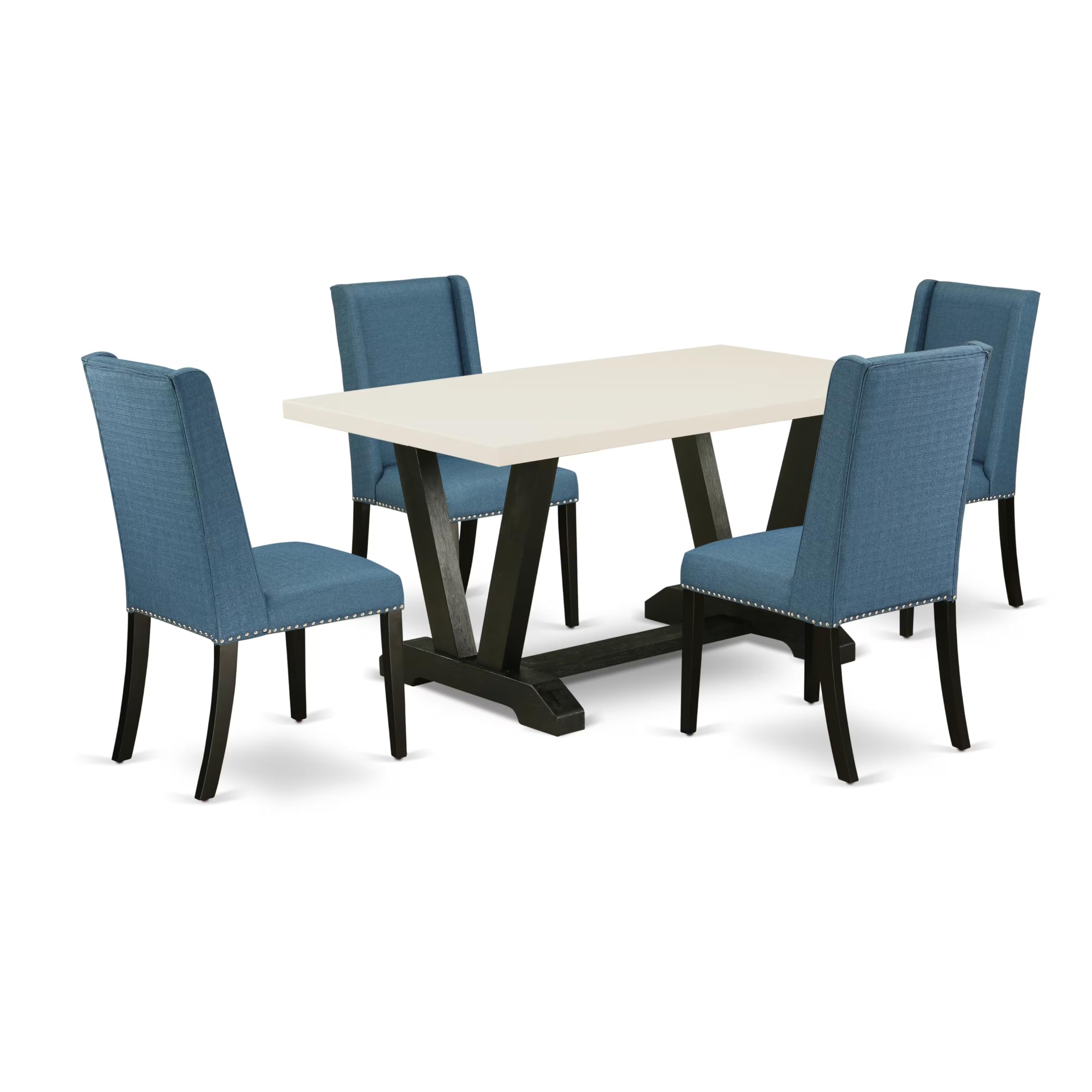 East West Furniture V626Fl121-5 5 Piece Dinette Set For 4 Includes A Rectangle Dining Room Table With V-Legs And 4 Blue Linen Fabric Upholstered Parson Chairs, 36X60 Inch, Multi-Color