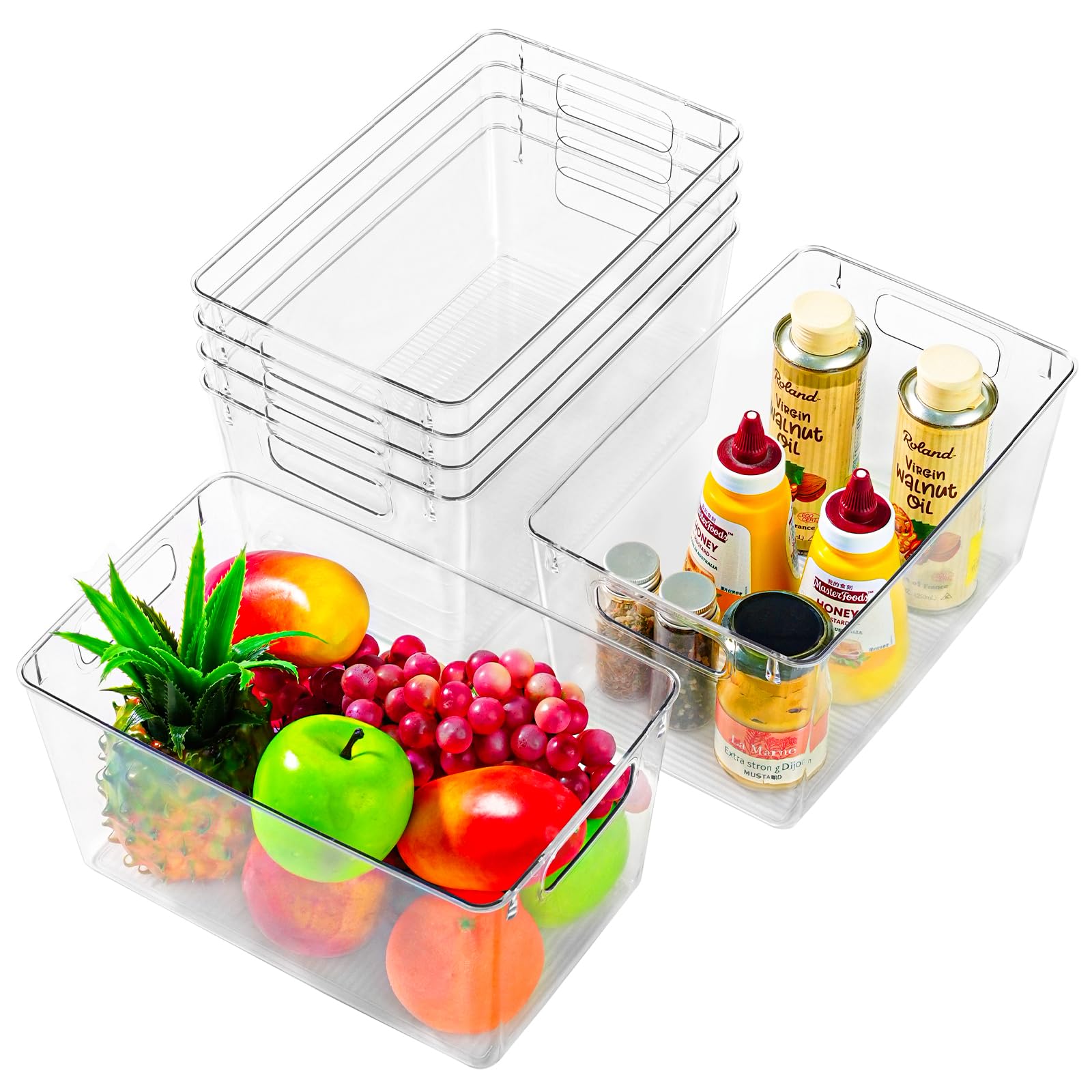 6 Pack Organizers and Storage, Pantry Organization and Storage Bins, Cabinet Organizer, Clear Plastic Storage Containers with Ha