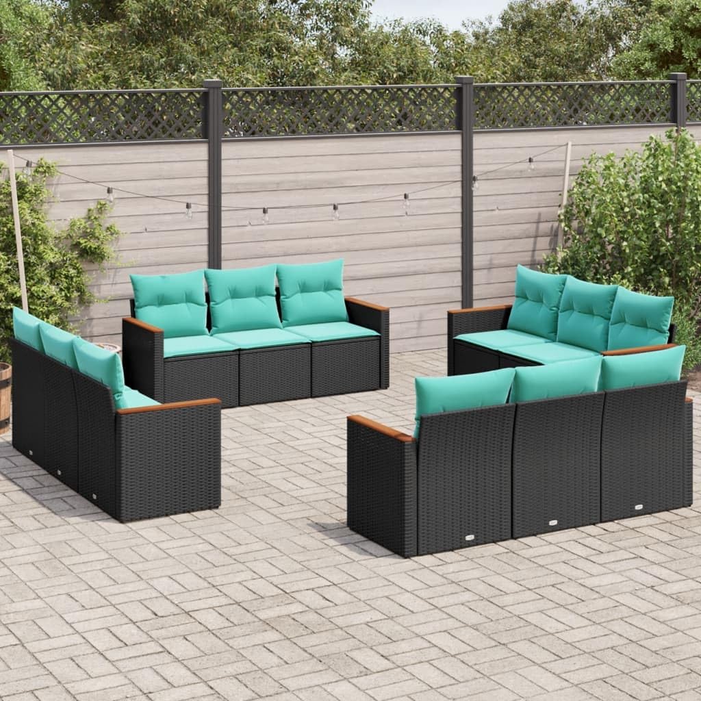 vidaXL Patio Sofa Set with Cushions - 12 Piece Outdoor Furniture, Black Poly Rattan, Modular Design, Storage Function