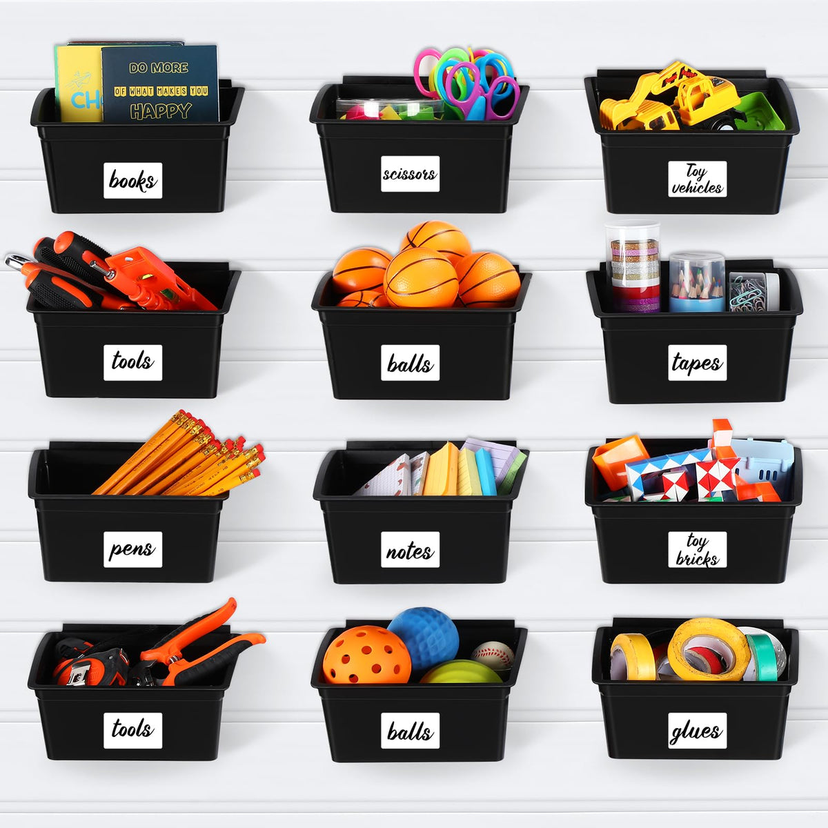 Mifoci 12 Pcs Storage Bins for PVC Slatwall Plastic Bin with Stickers Pens Slatwall Accessories for Organizing Hardware Craft St