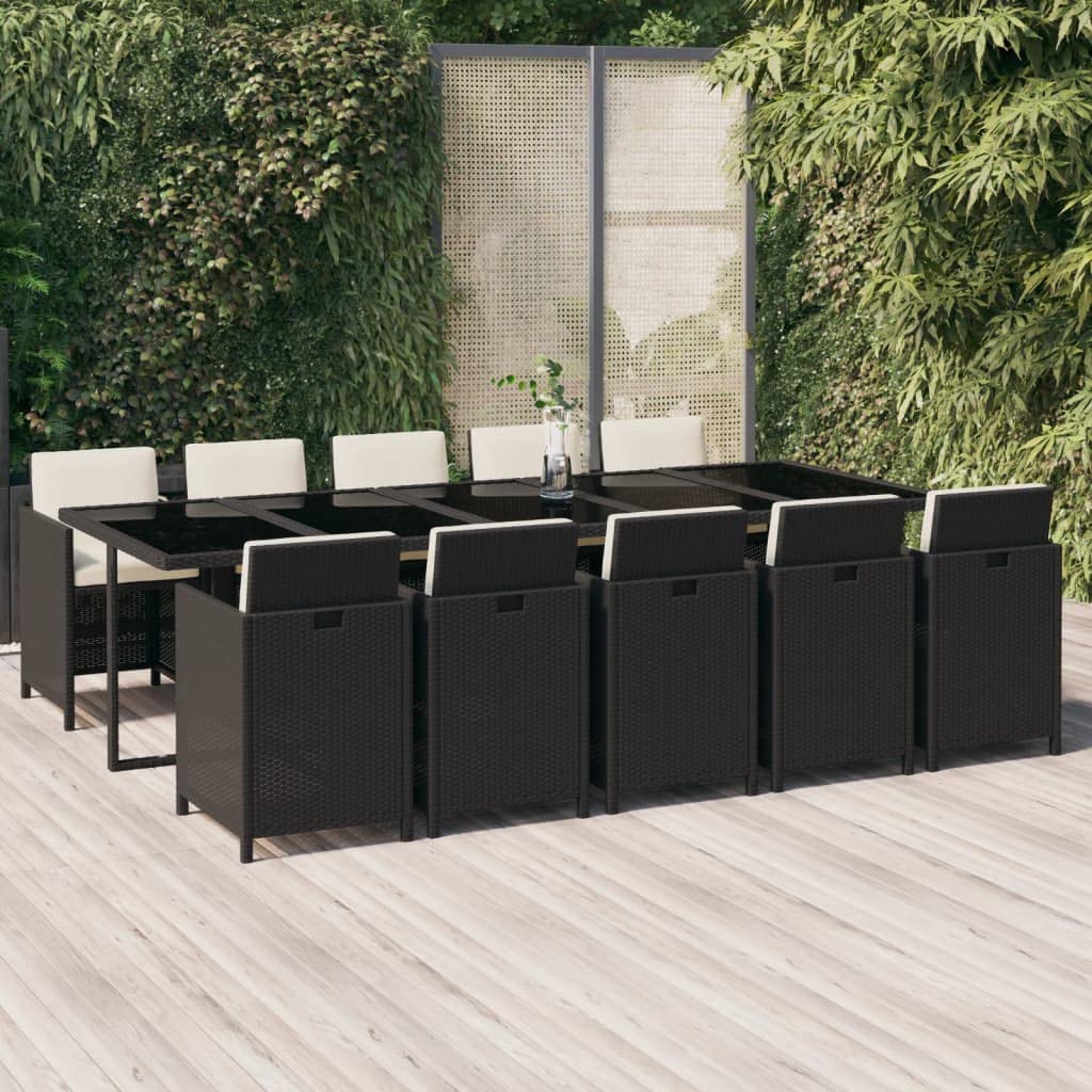 vidaXL Patio Dining Set 11 Piece with Cushions Garden Outdoor Terrace Balcony Table and Chair Seat Seating Furniture Poly Rattan Black