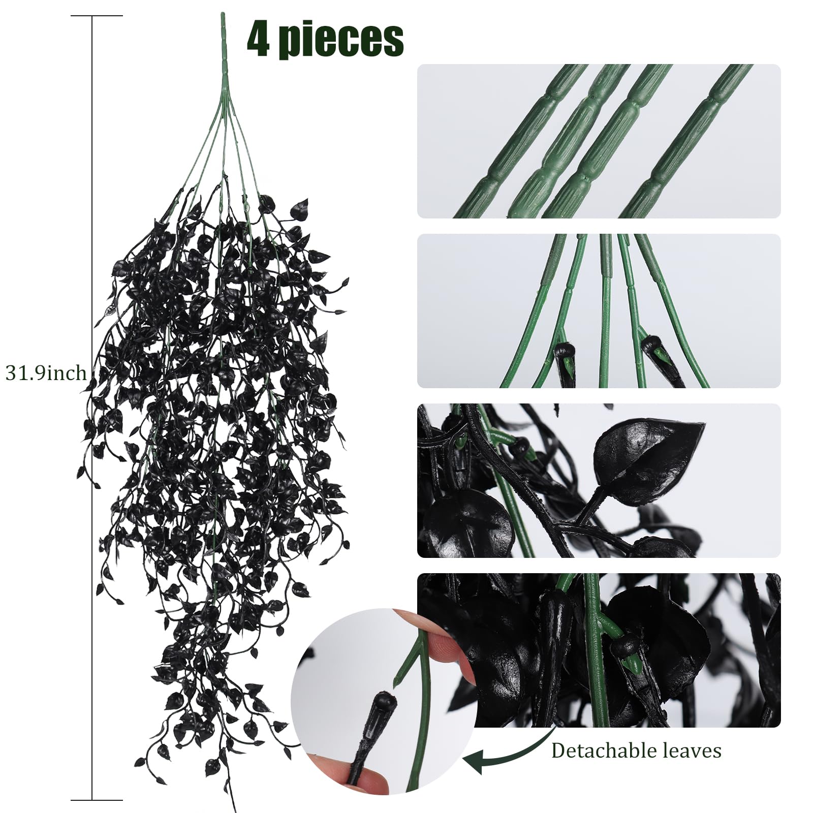Black Artificial Hanging Plants 4Pcs 33In Fake Hanging Plant Faux Ivy Leaf Greenery Vine Uv Resistant Plastic Wall Black Plant F