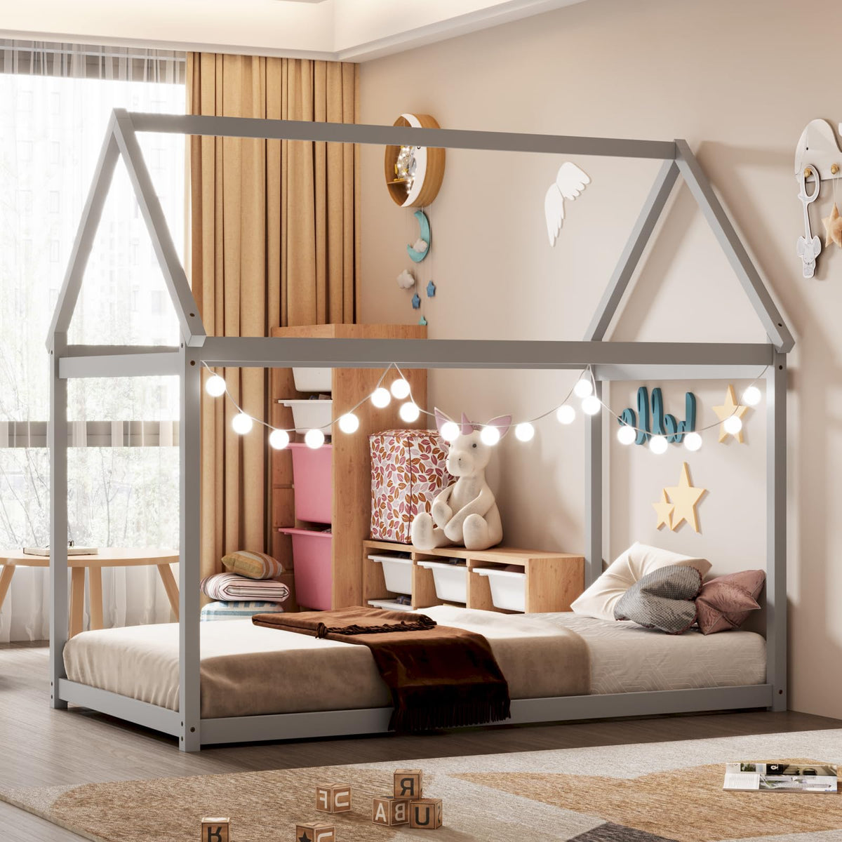 Giantex Twin House Bed, Wood Montessori Bed Frame With House Roof Canopy, Low Floor Bed With Sturdy Wood Slat Support, No Box Spring Needed, Twin Playhouse Bed For Kids Teens Boys Girls (Grey)