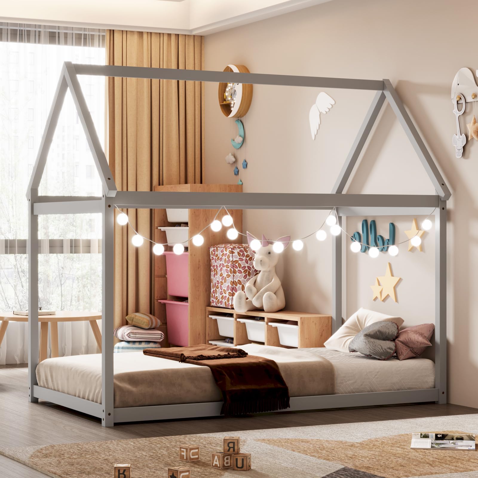 Giantex Twin House Bed, Wood Montessori Bed Frame With House Roof Canopy, Low Floor Bed With Sturdy Wood Slat Support, No Box Spring Needed, Twin Playhouse Bed For Kids Teens Boys Girls (Grey)