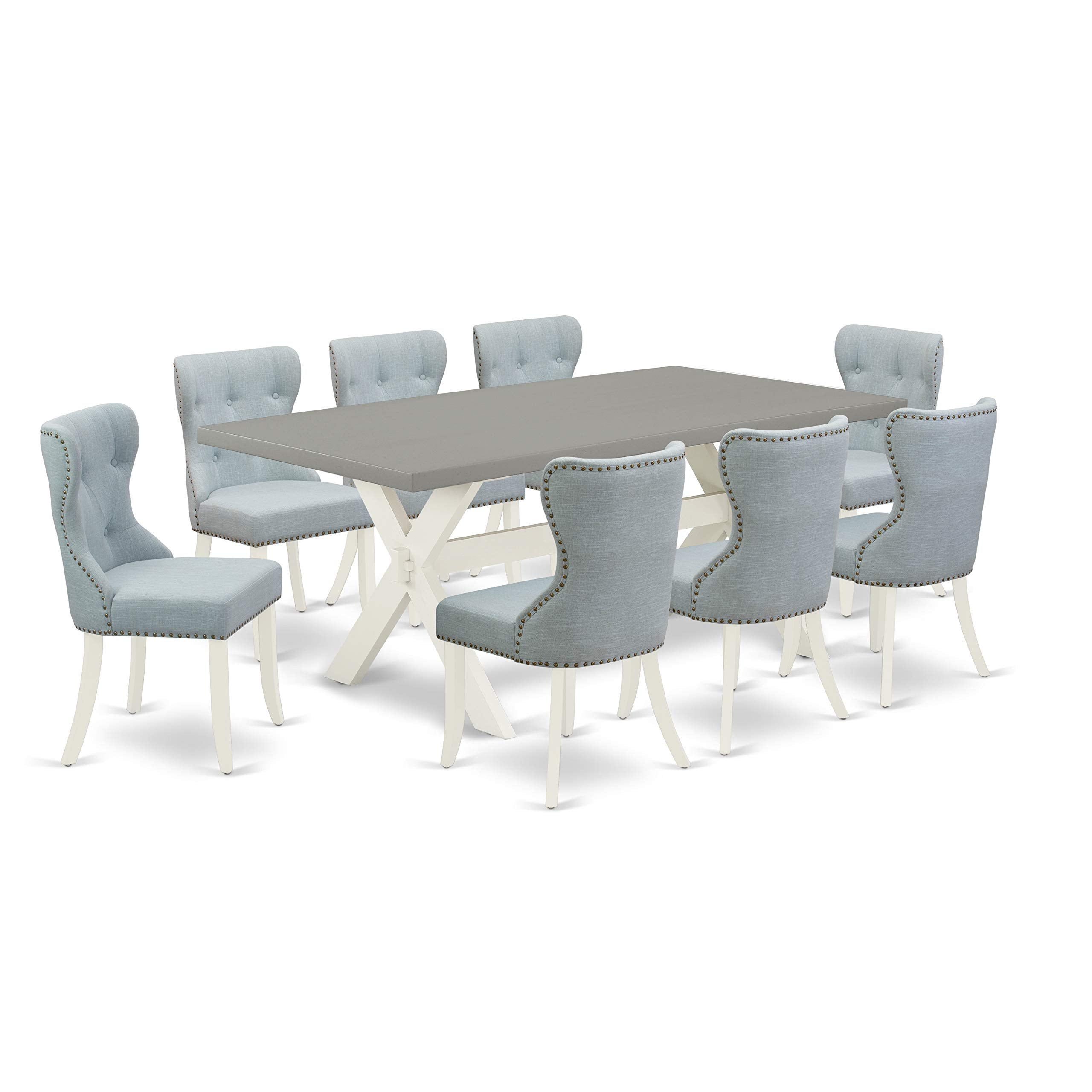 East West Furniture X097Si215-9 9 Piece Kitchen Table & Chairs Set Includes A Rectangle Dining Room Table With X-Legs And 8 Baby Blue Linen Fabric Parsons Chairs, 40X72 Inch, Multi-Color