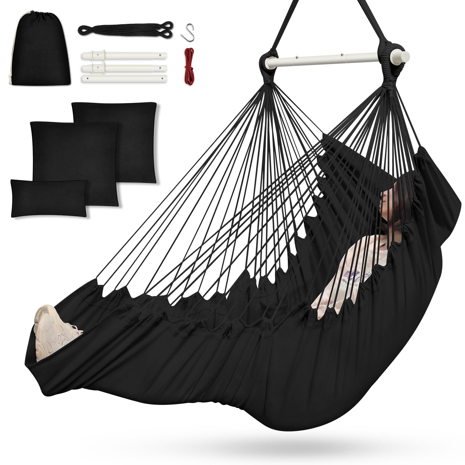 Outerman Hammock Chair, Hanging Chair With 3 Cushions And Foot Rest Support, Sturdy Metal Spreader Bar Max 500Lbs, Swing Chair F