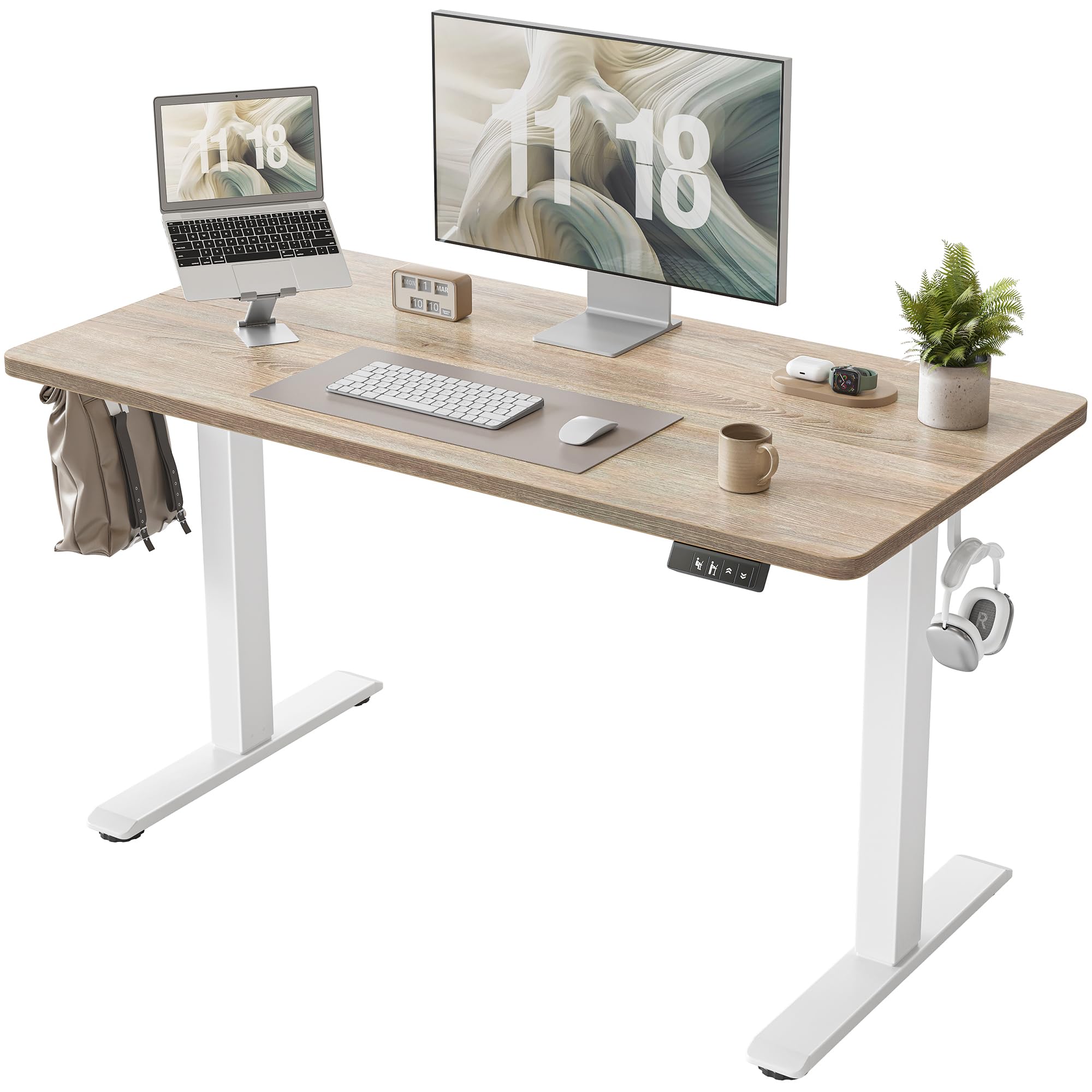 TIQLAB Height Adjustable Electric Standing Desk, 47 x 24 inch, Sit Stand Up Desk, Splice Board, Computer Home Office Desk, White