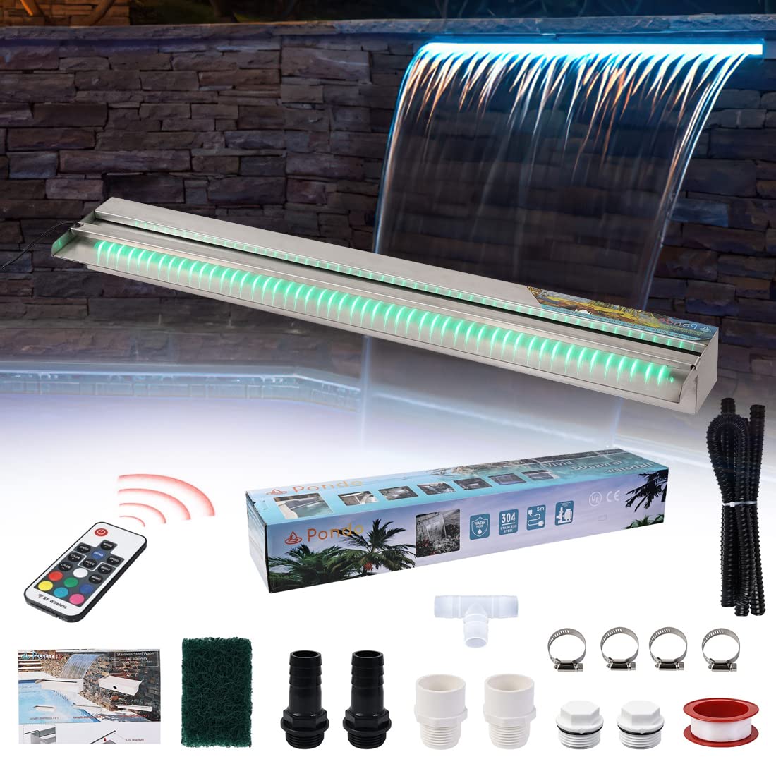 36' Water Pool Fountain 304 Stainless Steel Lighted Pool Waterfall Spillway With Wider Water Flow Platform, Multi-Color Led Str