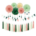 SageOlive Green PinkBeige Boho Party Decorations 23pcs Rustic Neutral Wedding Paper Tissue Pom Poms Streamers,Tassel Garland