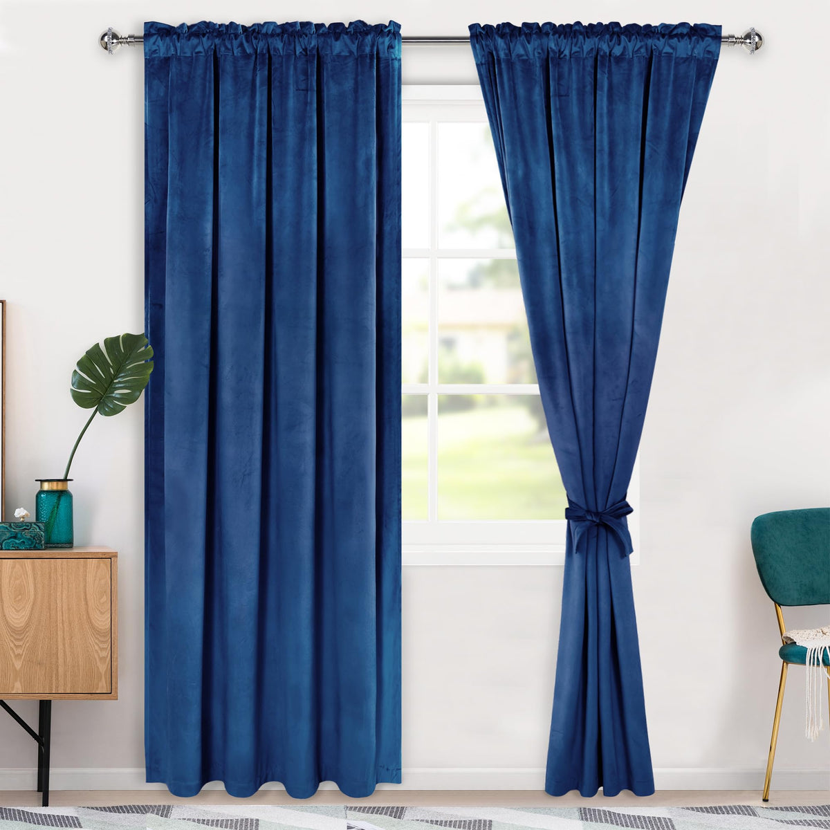 Hiasan Blue Velvet Curtains 90 Inches-Blackout Thermal Insulated Solid Soft Curtains For Bedroom Living Room Rod Pocket Room Dar