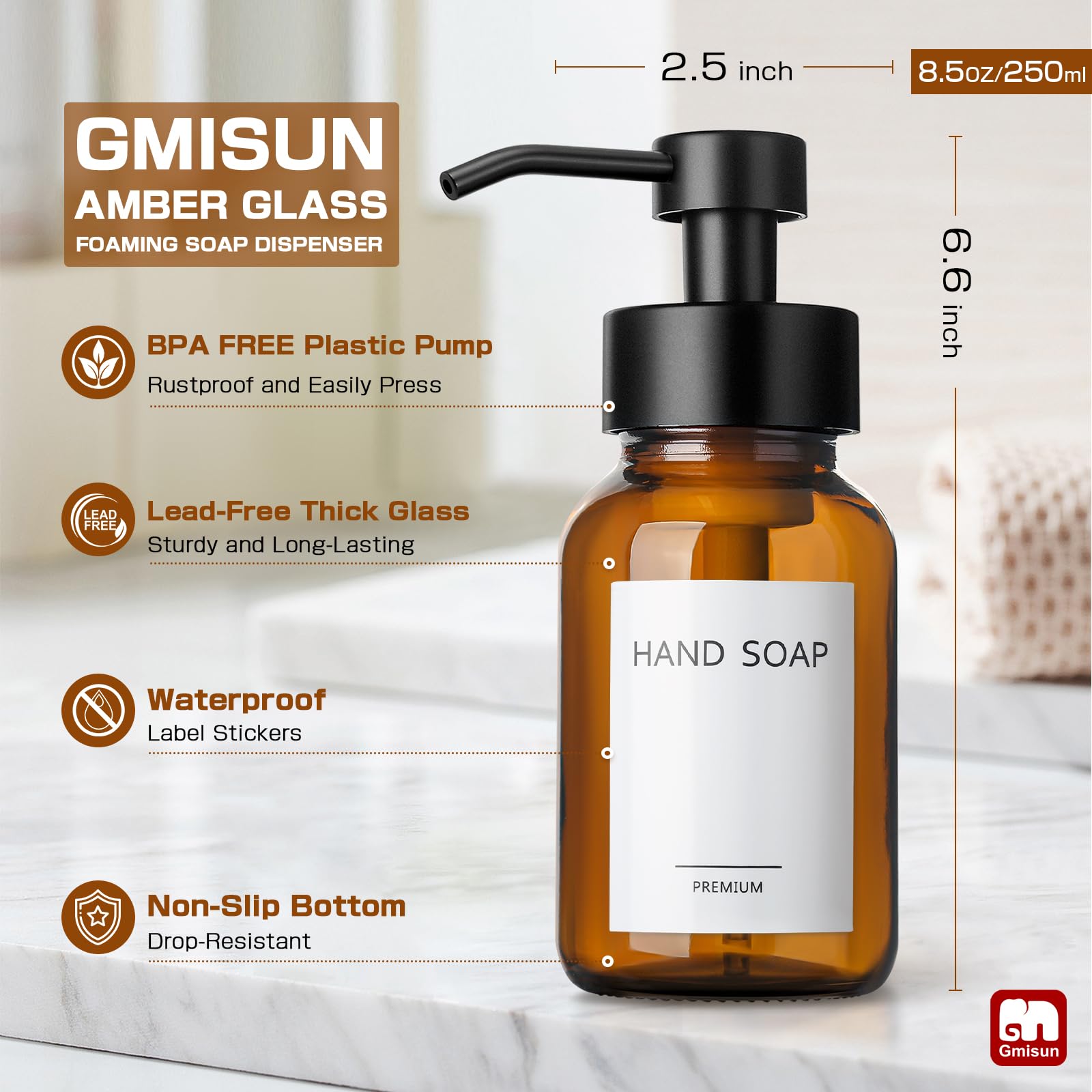 Gmisun Foaming Soap Dispenser, 8.5 Oz Amber Glass Foam Soap Dispenser For Bathroom & Kitchen, 2 Pack Modern Refillable Foaming H