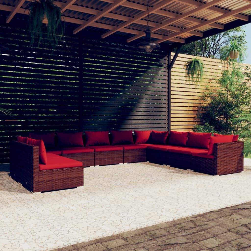 vidaXL 10 Piece Outdoor Patio Lounge Set with Cushions, Brown Poly Rattan Material, Modular Design, Comfortable Seating, Water-Resistant