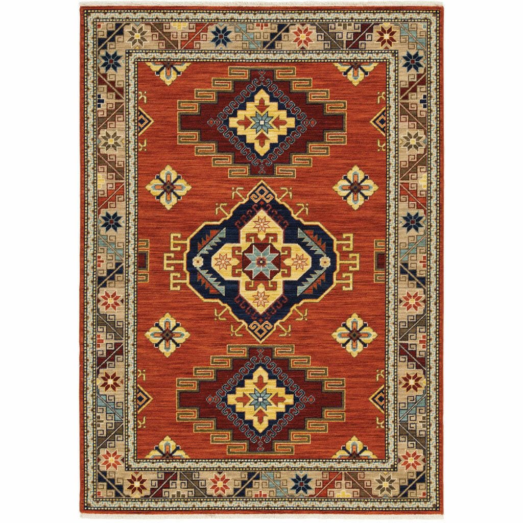 HomeRoots 509260 10 x 13 ft. Red Gold Blue Brown Oriental Power Loom Stain Resistant Rectangle Area Rug with Fringe