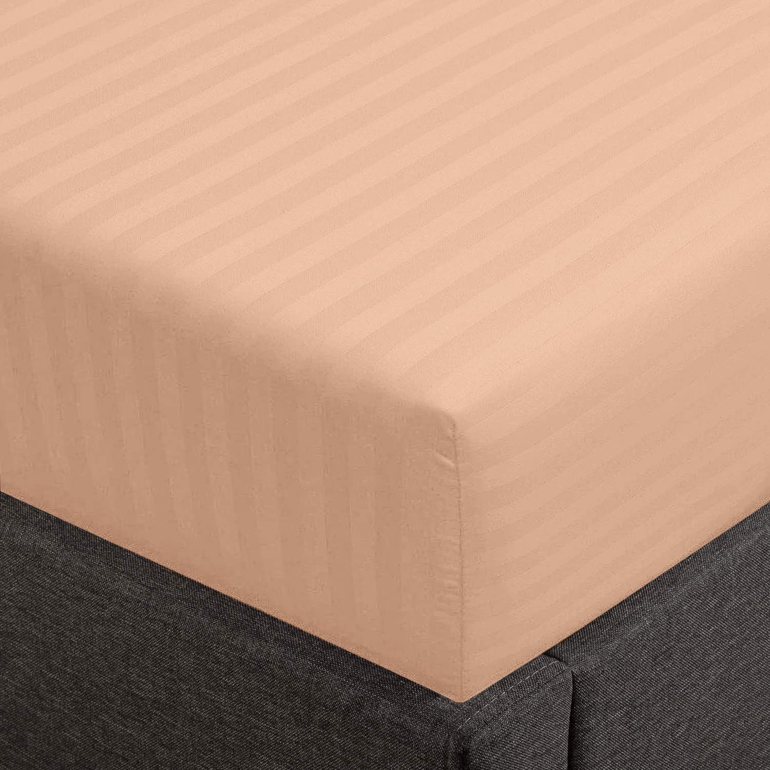 Feather & Stitch 1 Pc Fitted Sheet California King Size, 100% Cotton Damask Sateen Weave, Striped Breathable, Stretchable Elastic Sheet For Mattress 18 Inch Deep Pocket, 500Tc Ultra Soft - Maple