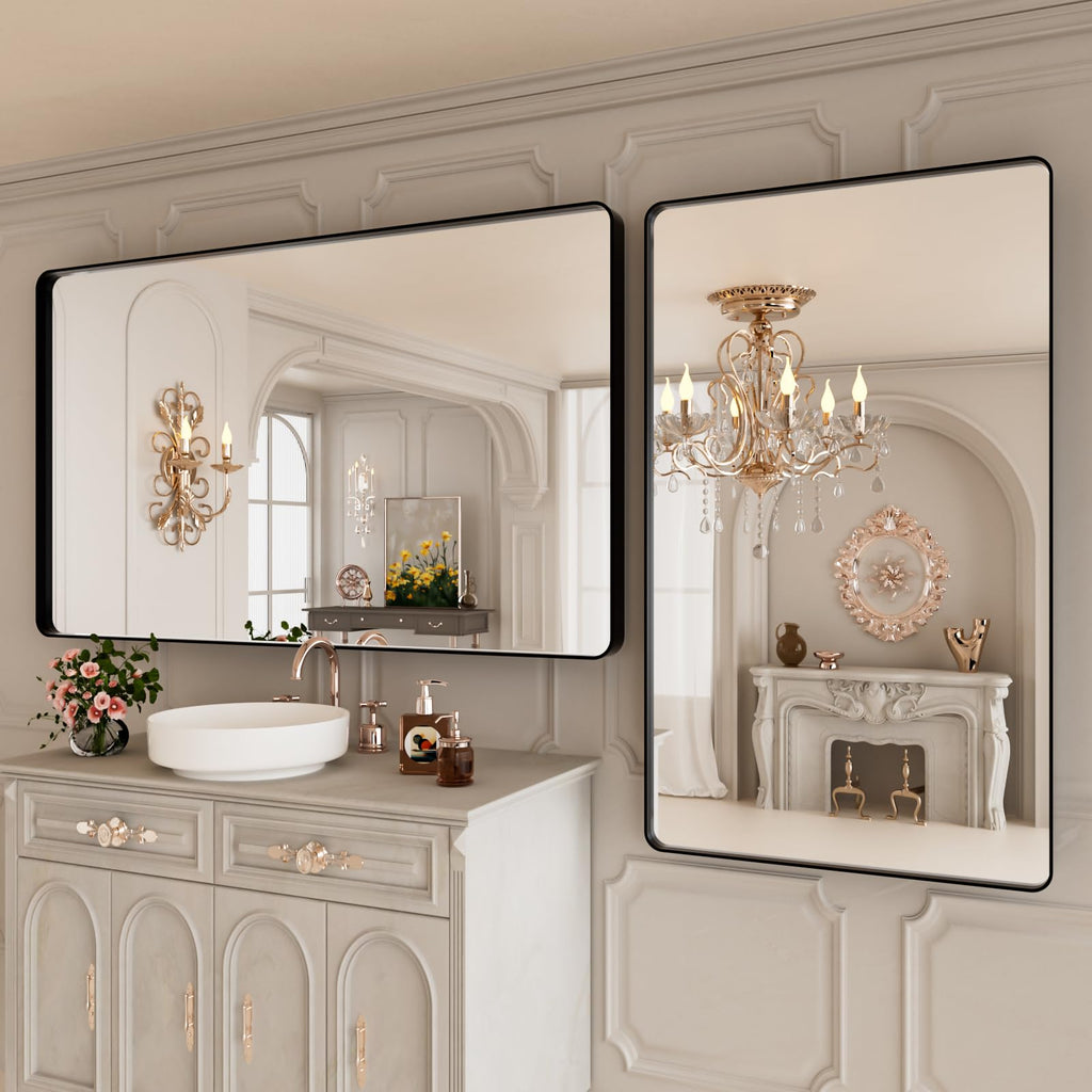 Istripmf Bathroom Mirror Black,50X30 Inch Large Matte Black Bathroom Vanity Mirror,Rectangle Black Metal Framed Mirror For Wall,
