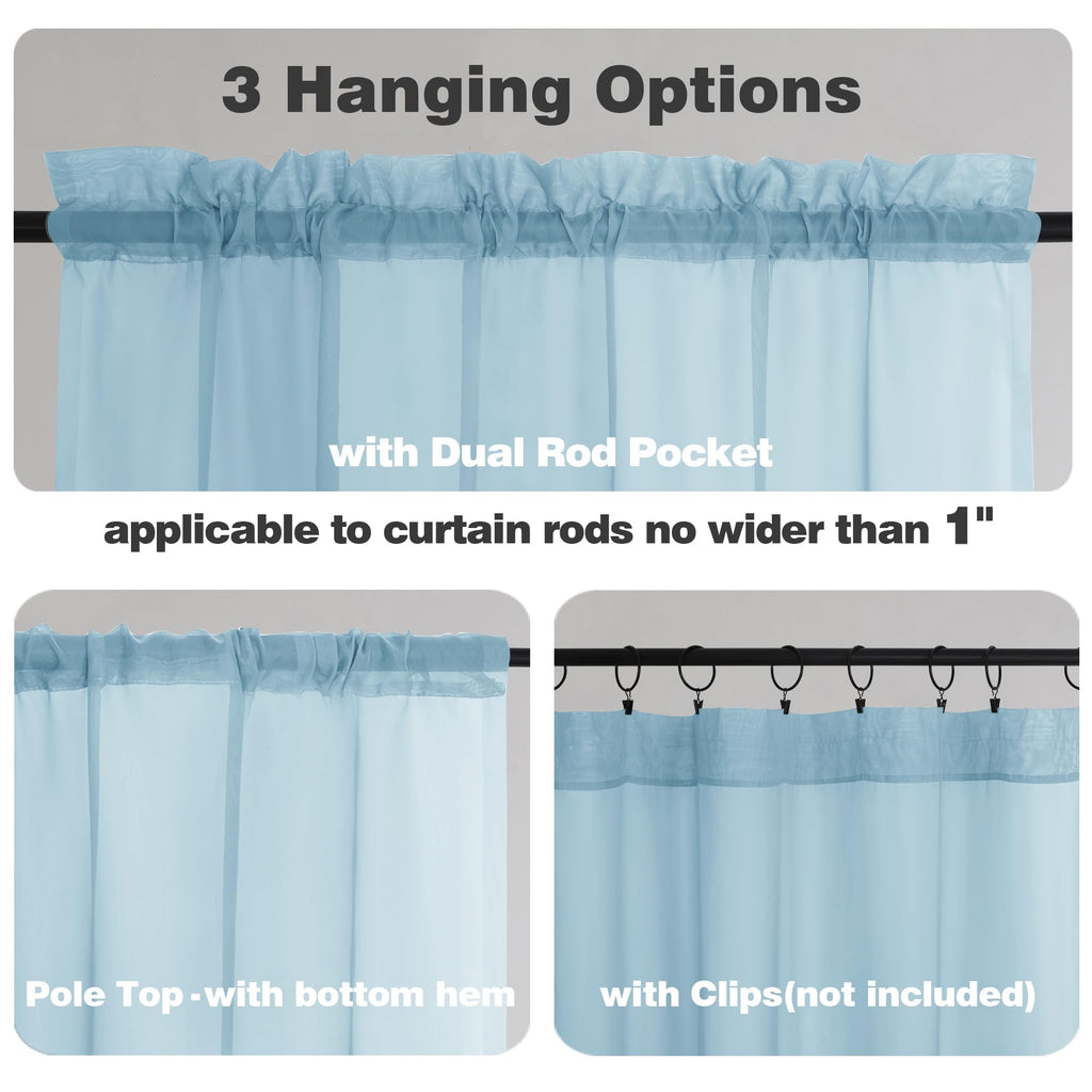 Chyhomenyc Sky Blue Sheer Curtains 36 Inch Length 2 Panels, Light Filtering Voile Rod Pocket Short Window Curtians For Bathroom