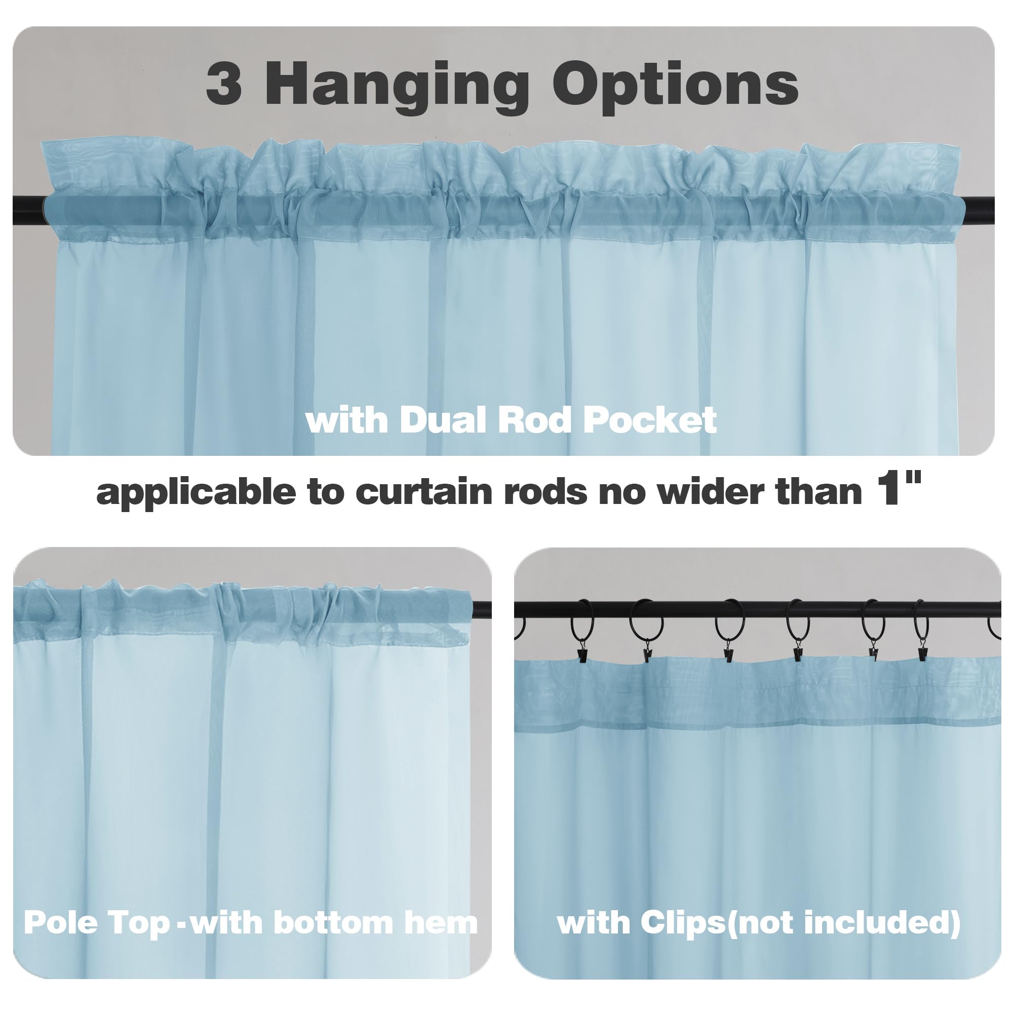 Chyhomenyc Sky Blue Sheer Curtains 36 Inch Length 2 Panels, Light Filtering Voile Rod Pocket Short Window Curtians For Bathroom