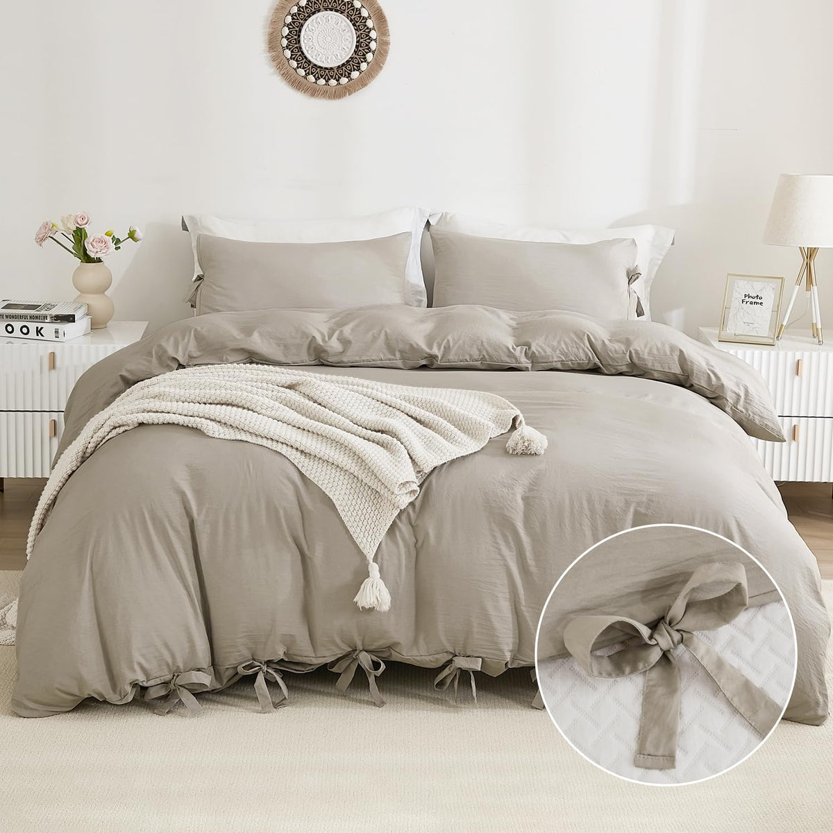 Annadaif Light Tan Duvet King(104X90 Inch), 3 Pieces (1 Duvet Cover, 2 Pillowcases) Soft Washed Microfiber Bow Tie Bowknot Duvet