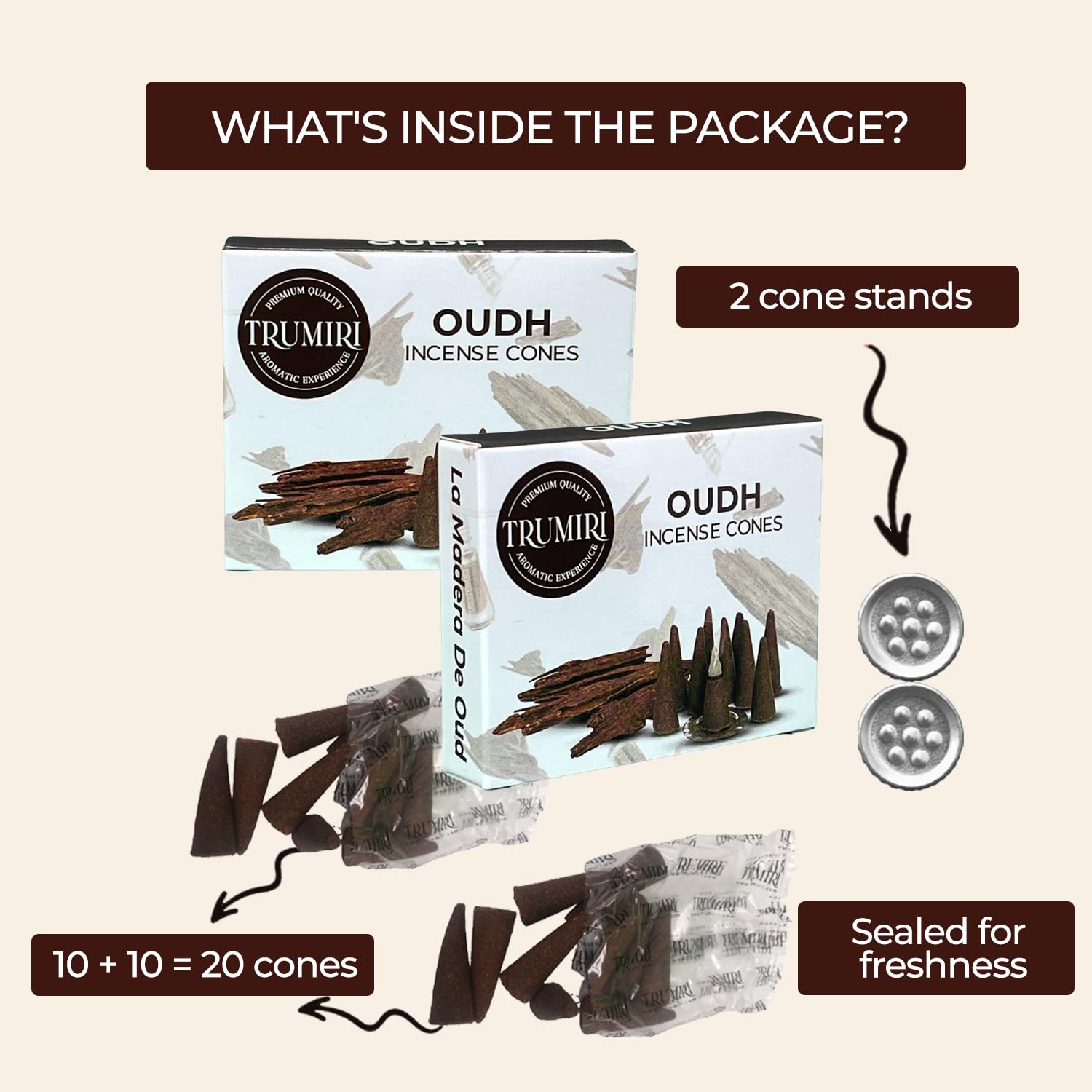 TRUMIRI Oud Incense Cones - Pack of 20 Scented Cones - Dual Pack (10 Cones Each) - Premium Quality Aromatic Incense