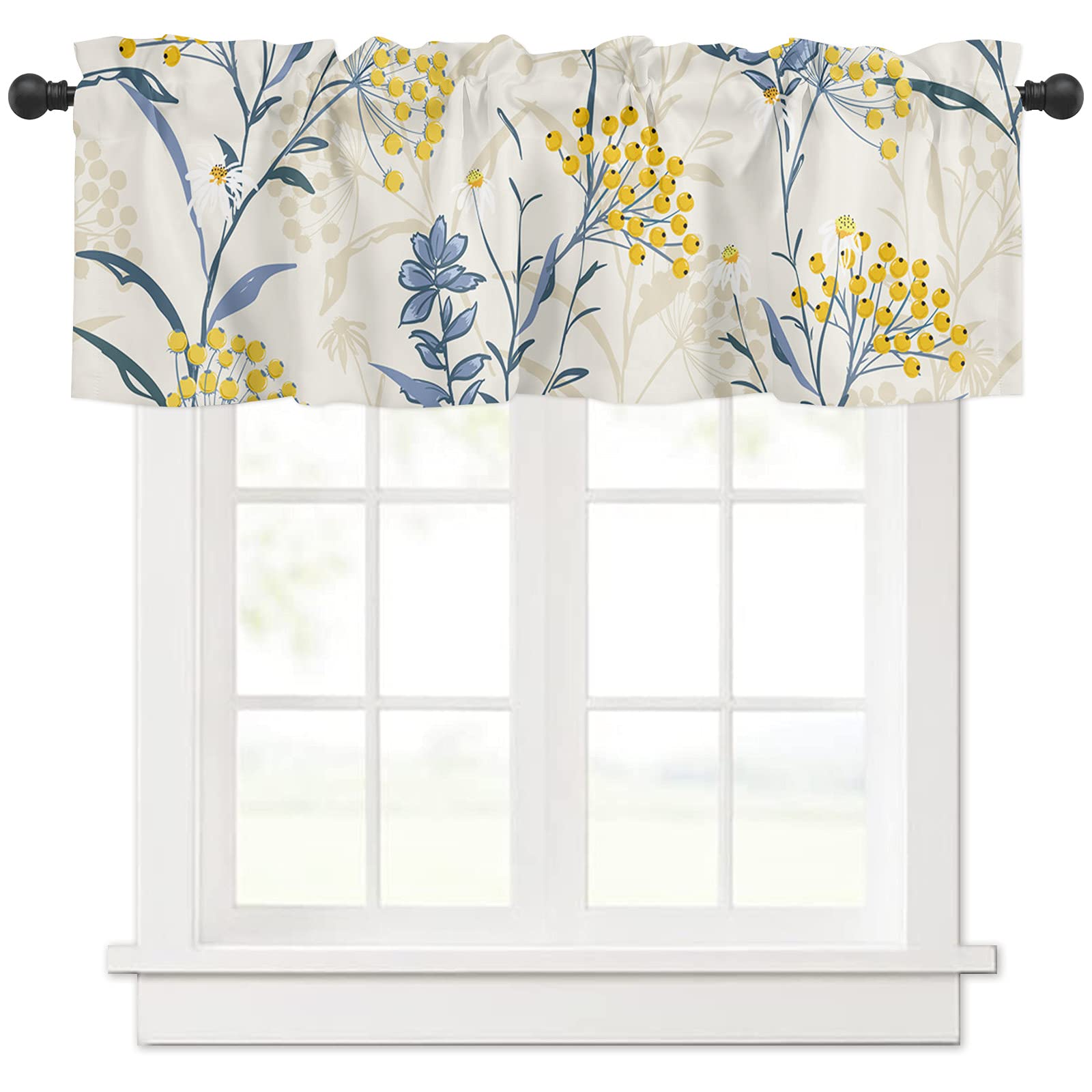 Floral Curtain Valance, Blue Leaves Yellow Berries Summer Farm Plant Print Short Rod Pocket Window Treatment For Kitchen, Bathro