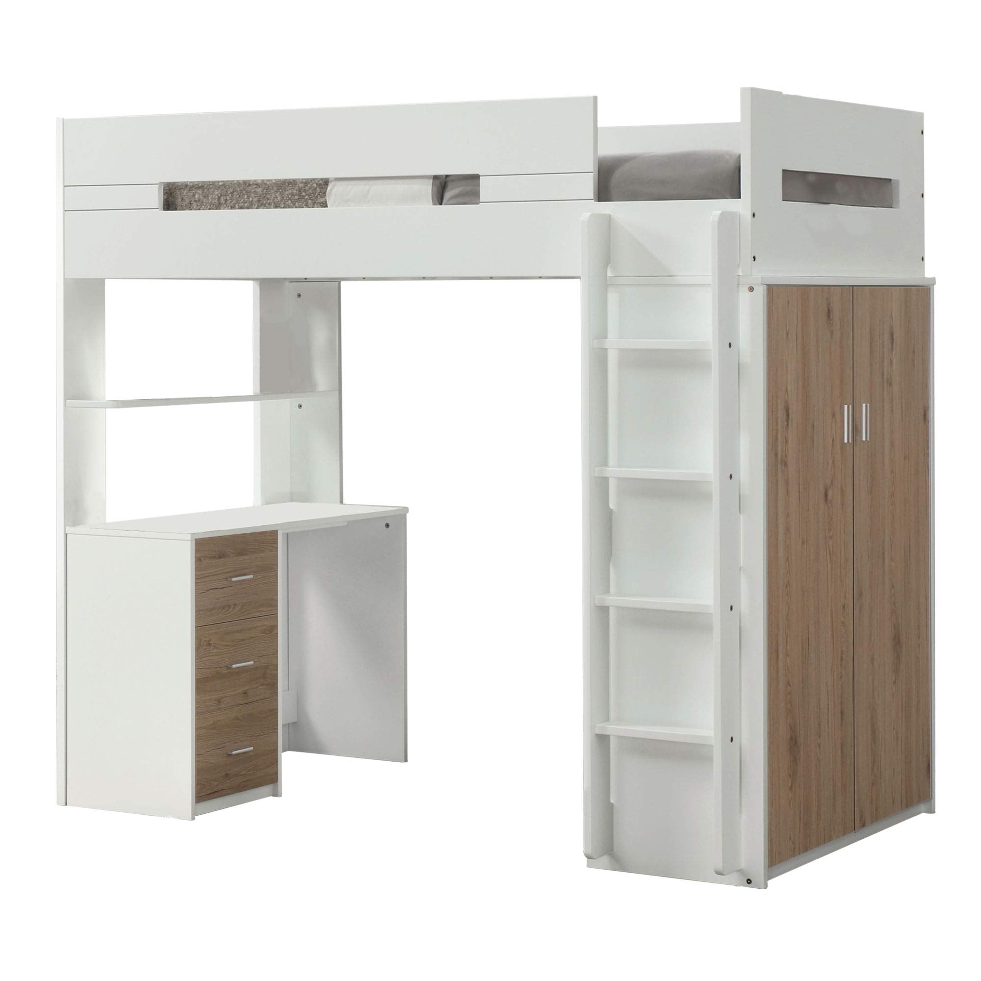 Benjara Wooden Twin Size Loft Bunk Bed with Workstation, White and Brown