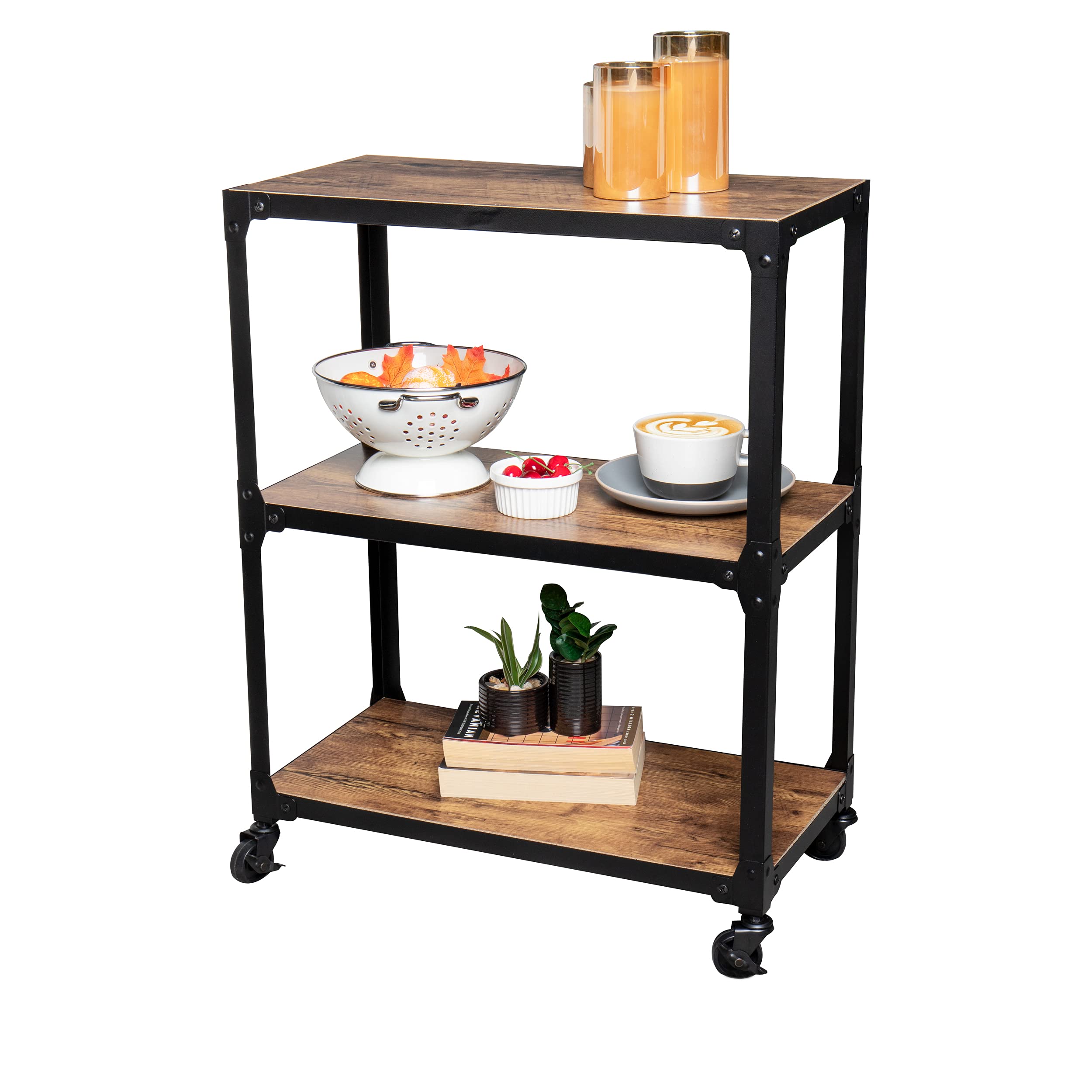 Mind Reader Woodland Collection, Rolling 3-Tier Kitchen Microwave Cart, Utility Cart, Bar Cart, Omnidirectional Smooth Gliding Lockable Wheels, Wood And Metal, Brown
