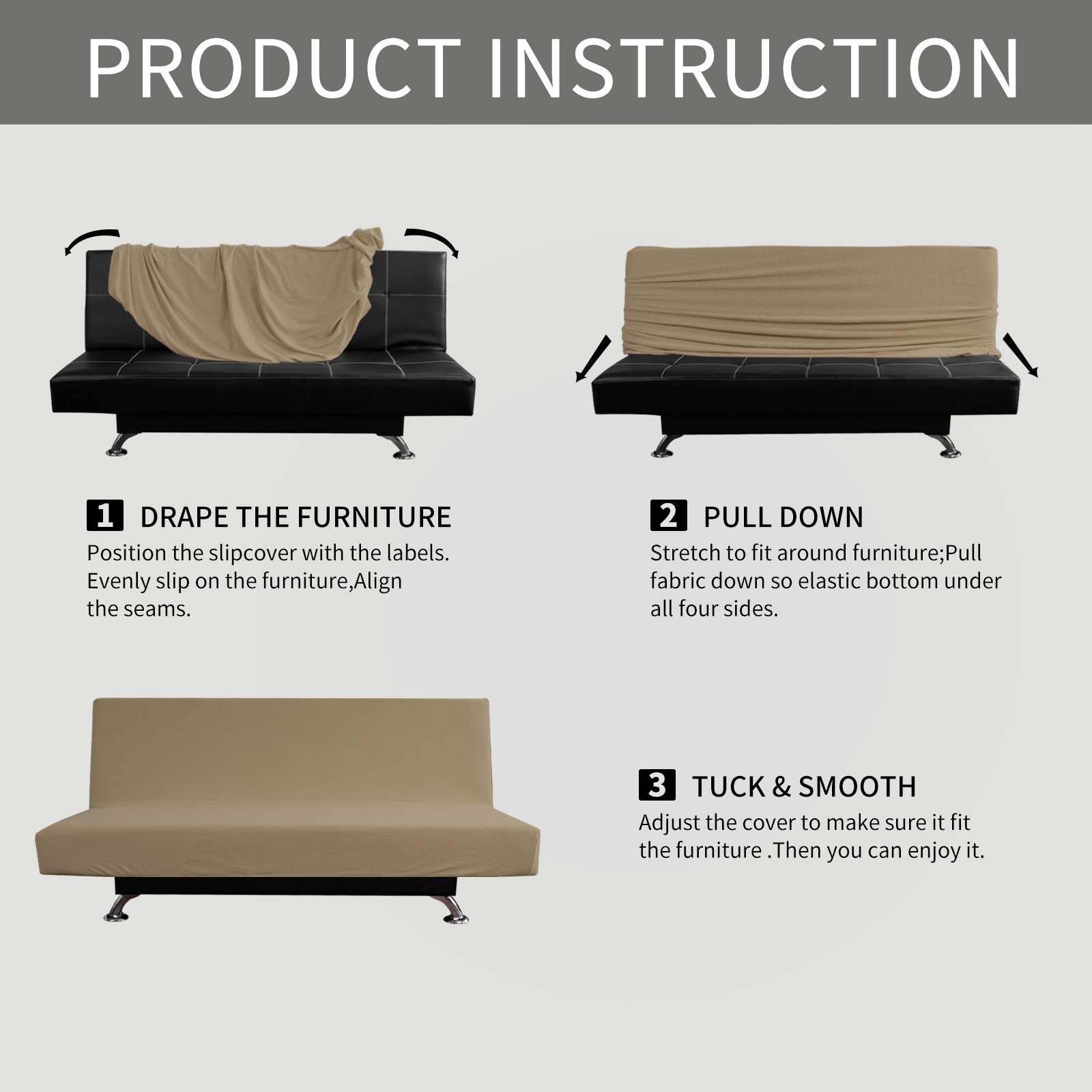 Easy-Going Stretch Futon Slipcover Armless Futon Bed Cover Furniture Protector Without Armrests With Elastic Bottom For Kids, Soft Jacquard Fabric Small Checks (Large, Tan)