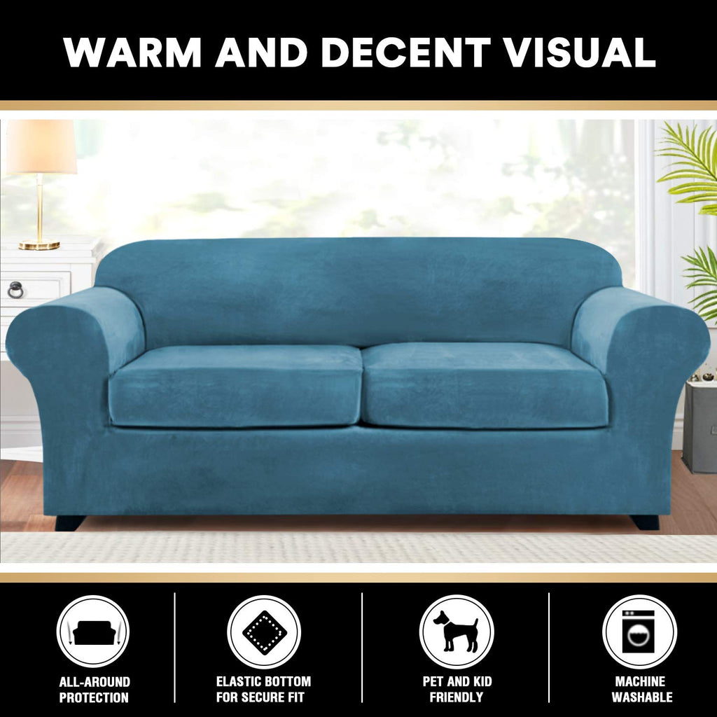Princedeco 3 Pieces Sofa Covers Velvet Couch Covers For 2 Cushion Sofa Soft Sofa Covers For 2 Cushion Couch Width Up To 90 Inch Feature Thick Soft Stay In Place(Medium-Large, Seagrass)