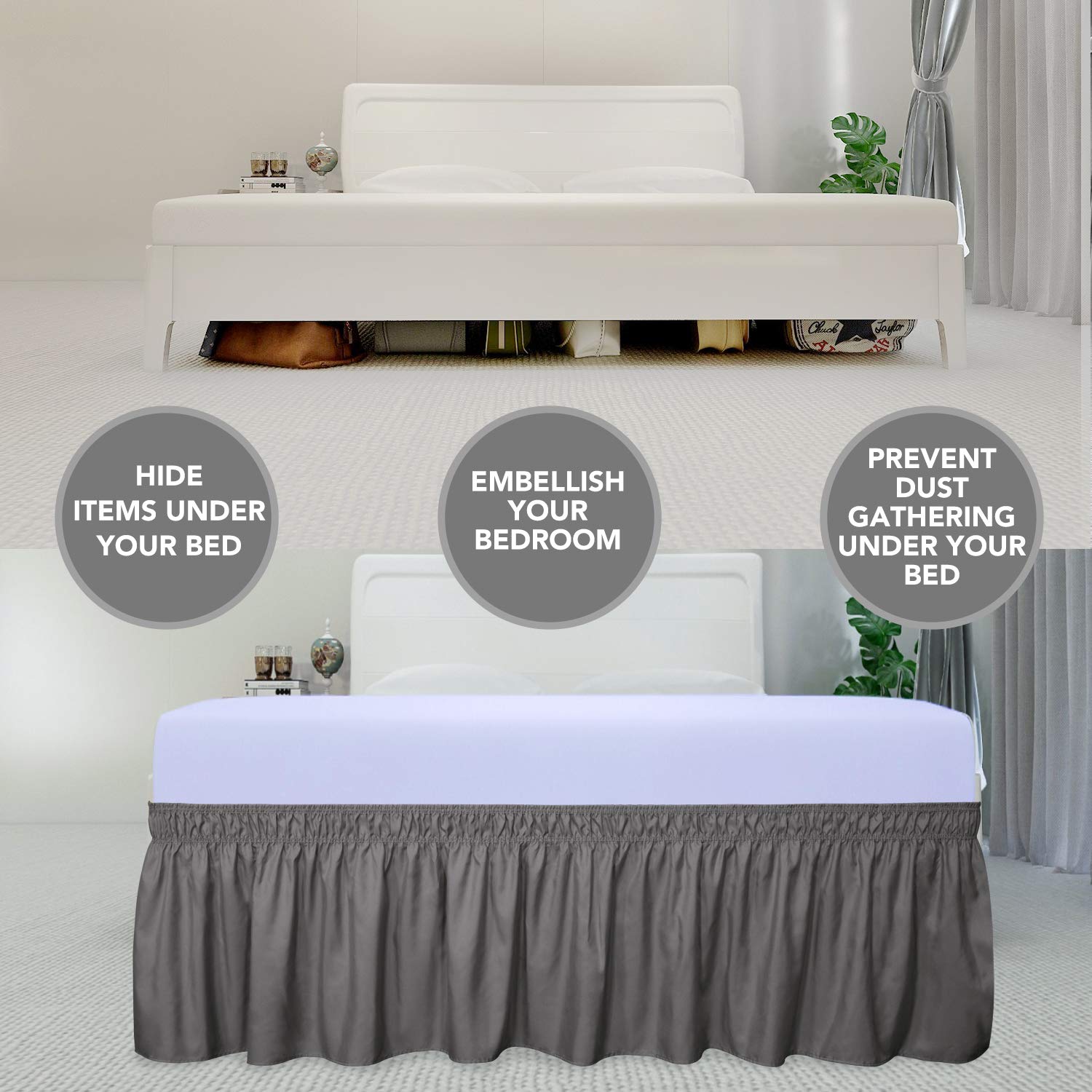 Purefit Wrap Around Ruffled Bed Skirt With Adjustable Elastic Belt - 14 Inch Drop Easy To Put On, Wrinkle Free Bedskirt Dust Ruffles, Bed Frame Cover For Twin,Twin Xl And Full Size Beds, Dark Gray