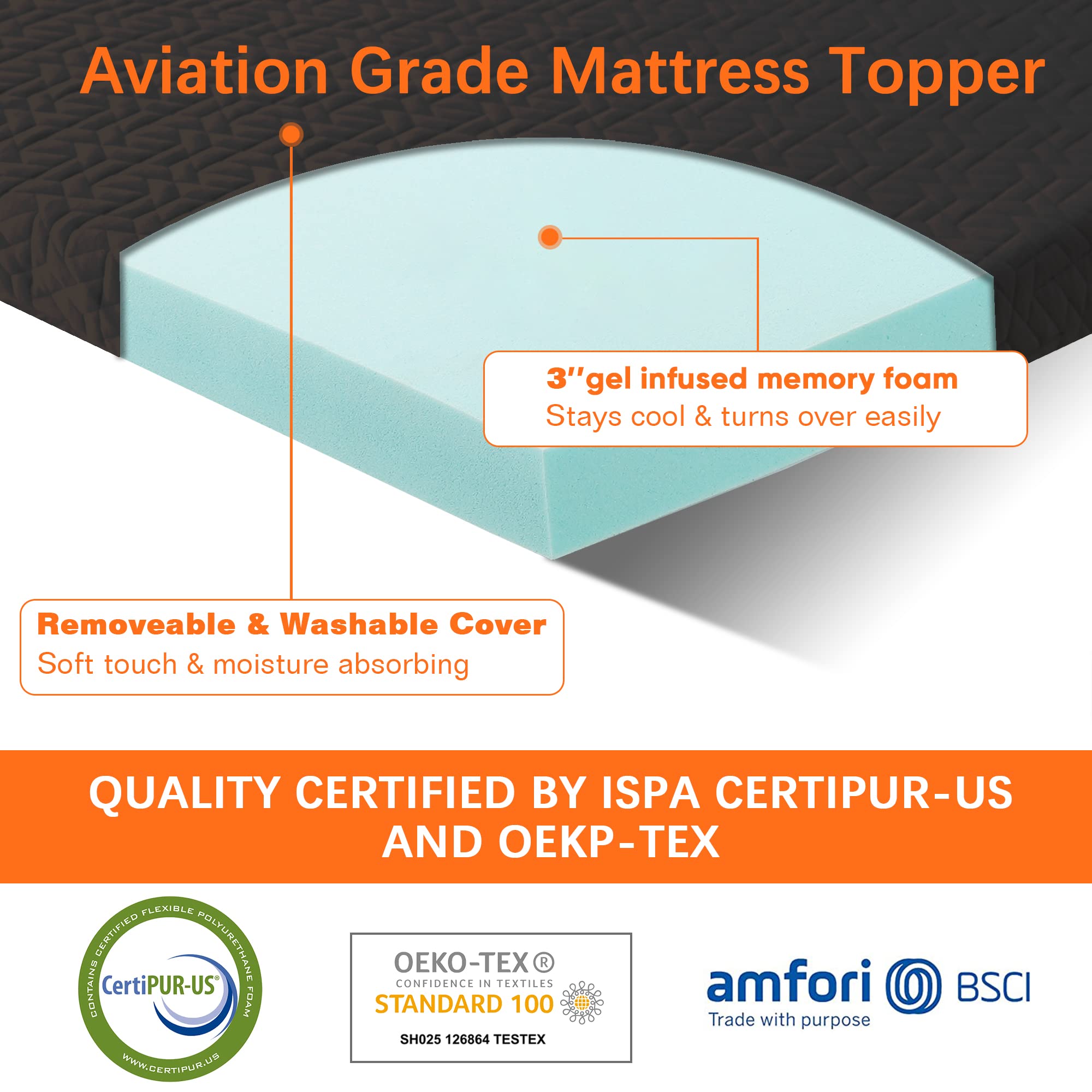 3 Inch King Size Gel Memory Foam Mattress Topper, Mattress Pad Cover For Pressure Relief, Bed Topper With Removable Cover, Soft