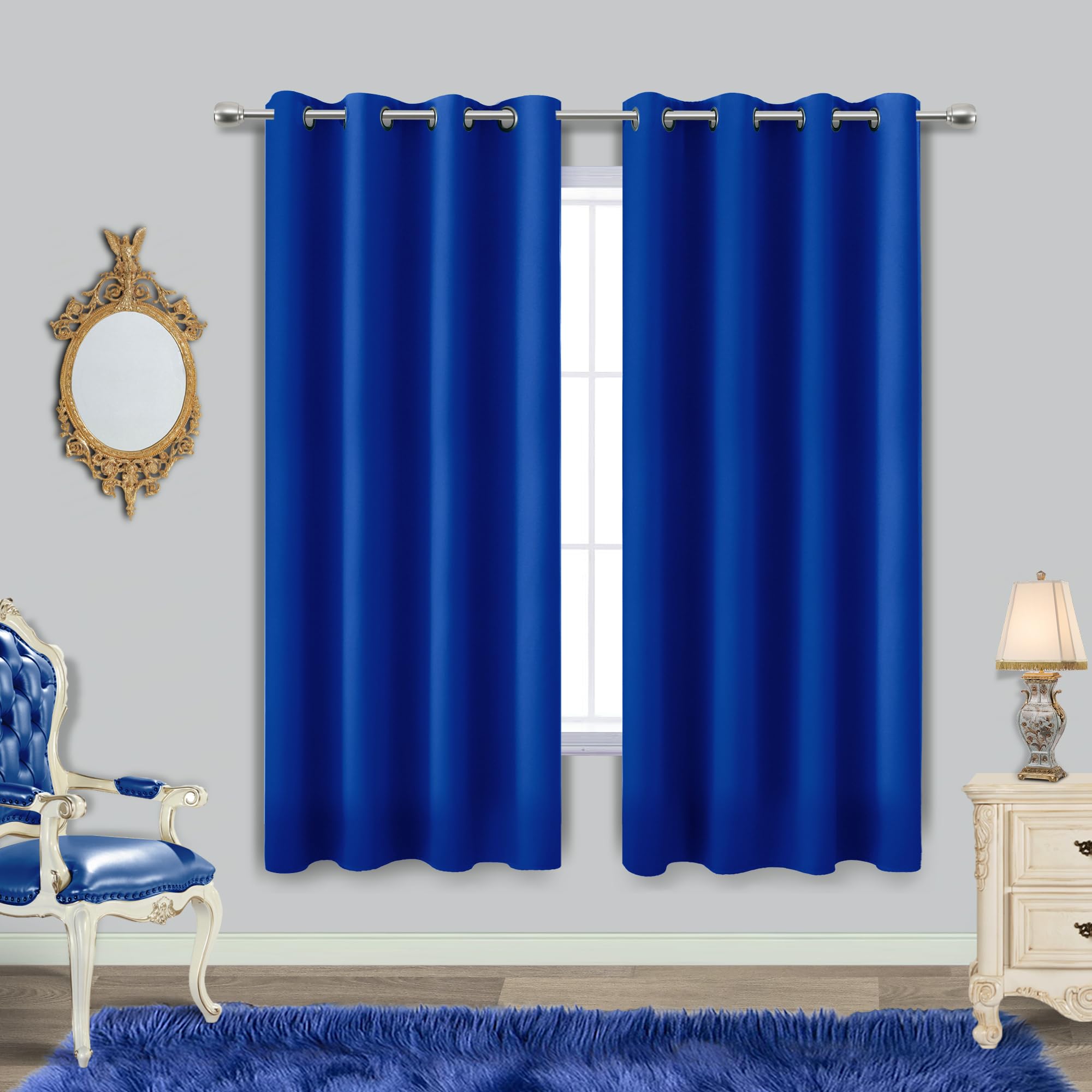 Blue Curtains 63 Inch Length for Boys Room Set 2 Panels Grommet Window Drapes Sun Light Blocking Insulated Thermal Room Darkenin