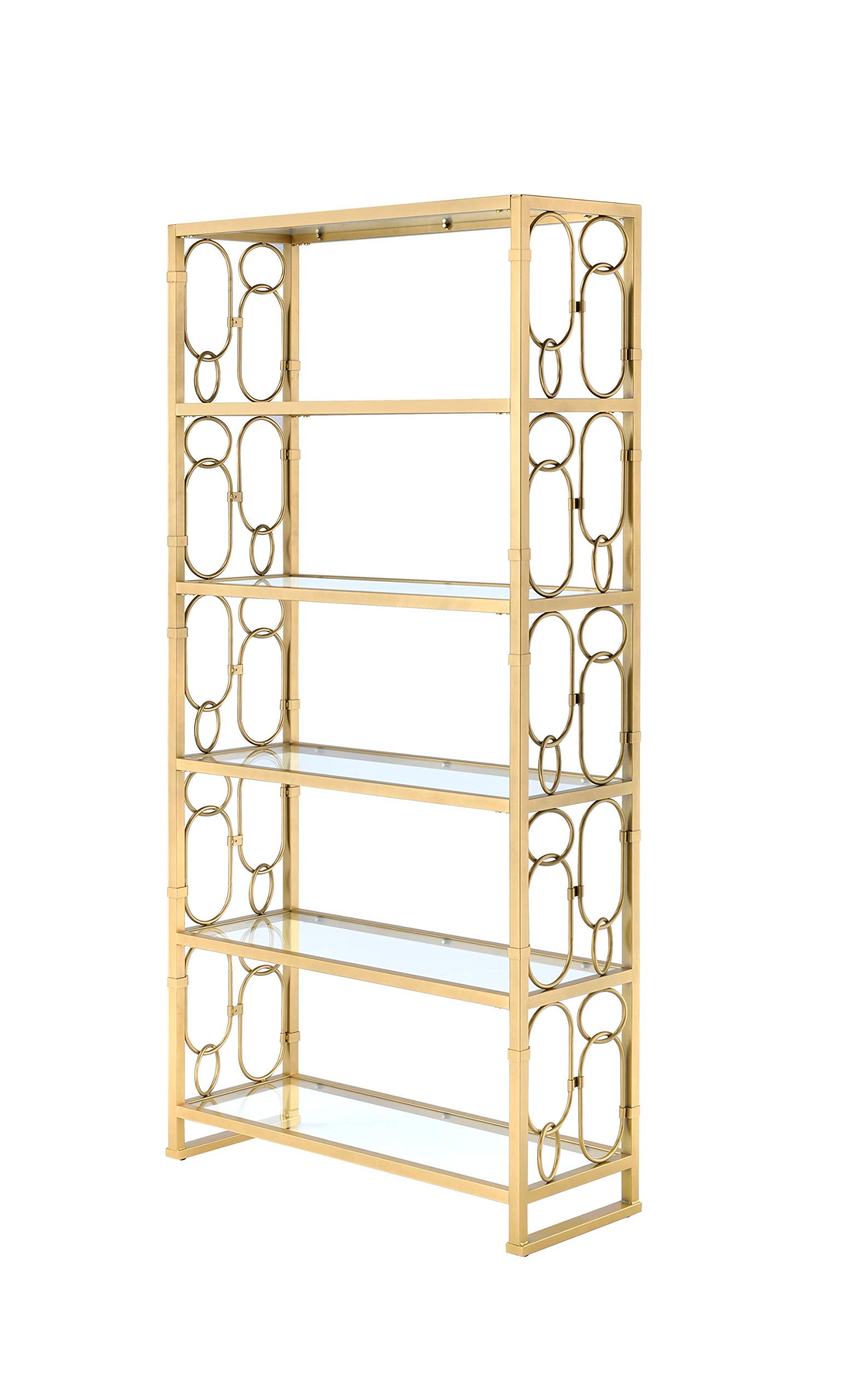 Acme Julos Metal Etagere Bookcase with 6 Glass Shelves in Clear Glass and Gold