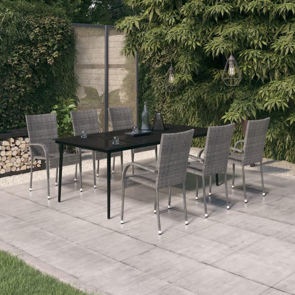 vidaXL 9-Piece Poly Rattan Patio Dining Set in Gray and Black – Glass Top Table & 8 Chairs, Suitable for Outdoor Spaces, Easy-Clean, Water-Resistant PE Rattan
