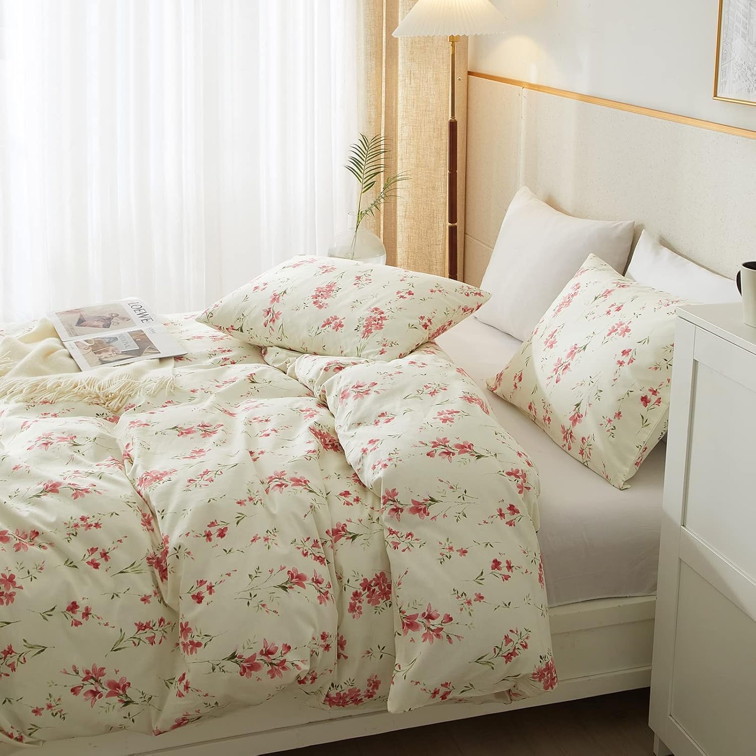 Boho Floral Duvet Cover Full Soft Cotton Girls Pink Floral Bedding Set Chic Garden Style Cute Flower Pattern Duvet Cover Vintage