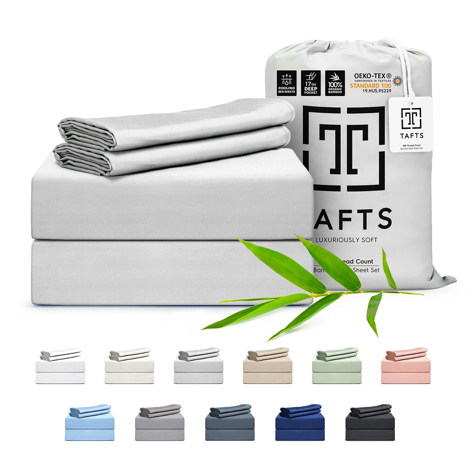 Tafts Bamboo Sheets Queen Size Bed Sheets 5 Piece Set, Pure 100% Organic Bamboo, 17” Deep Pockets - Luxuriously Soft, Silky Smooth, Cooling, Double Stitched, Lifetime Quality Guarantee (Lt Grey)